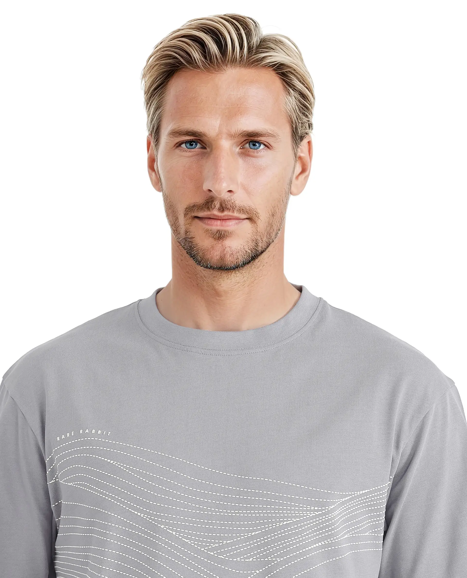 Rare Rabbit Men's Vint Light Grey Cotton Graphic Print Qlo Fit Half Sleeve Crew Neck T-Shirt - Image 3