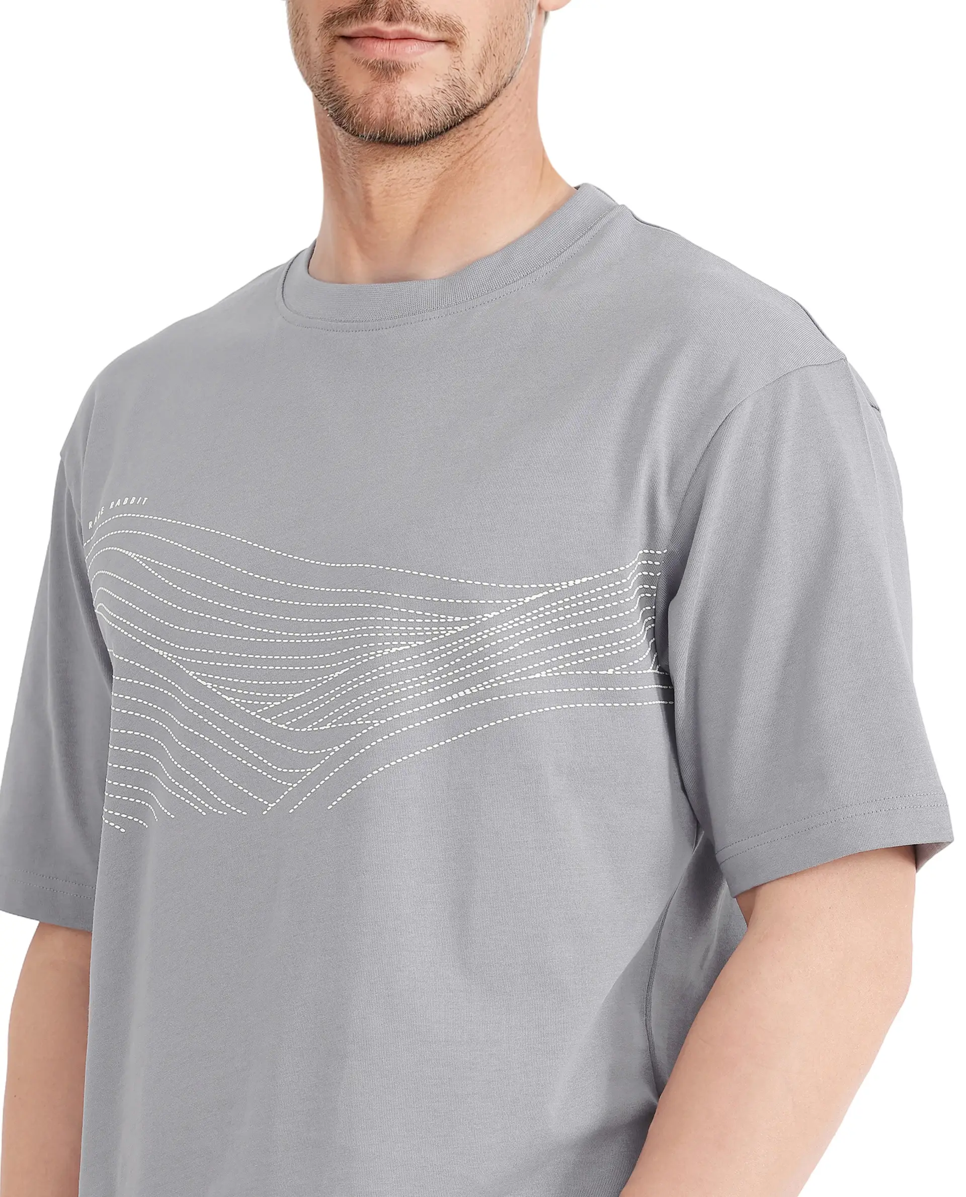 Rare Rabbit Men's Vint Light Grey Cotton Graphic Print Qlo Fit Half Sleeve Crew Neck T-Shirt - Image 4