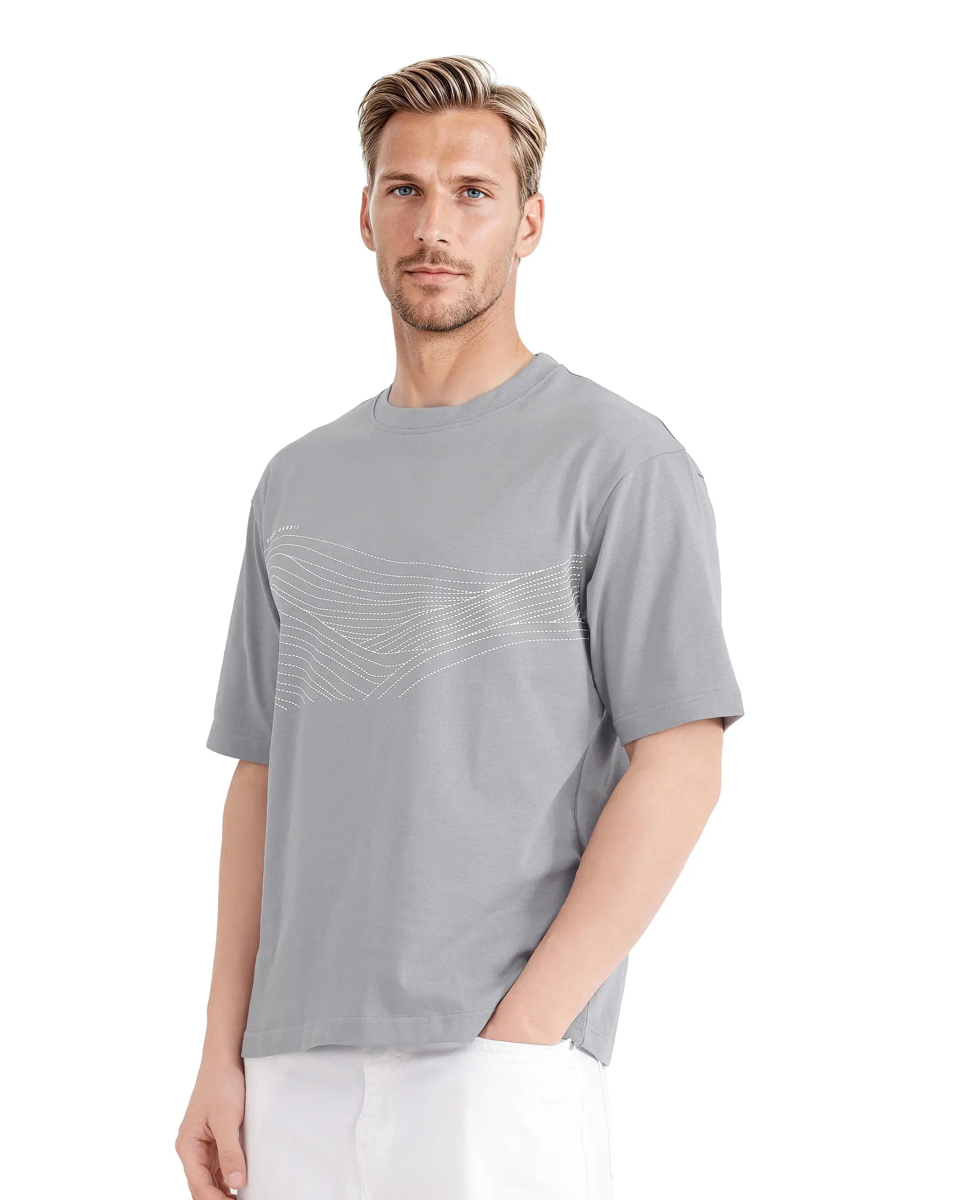 Rare Rabbit Men's Vint Light Grey Cotton Graphic Print Qlo Fit Half Sleeve Crew Neck T-Shirt - Image 5