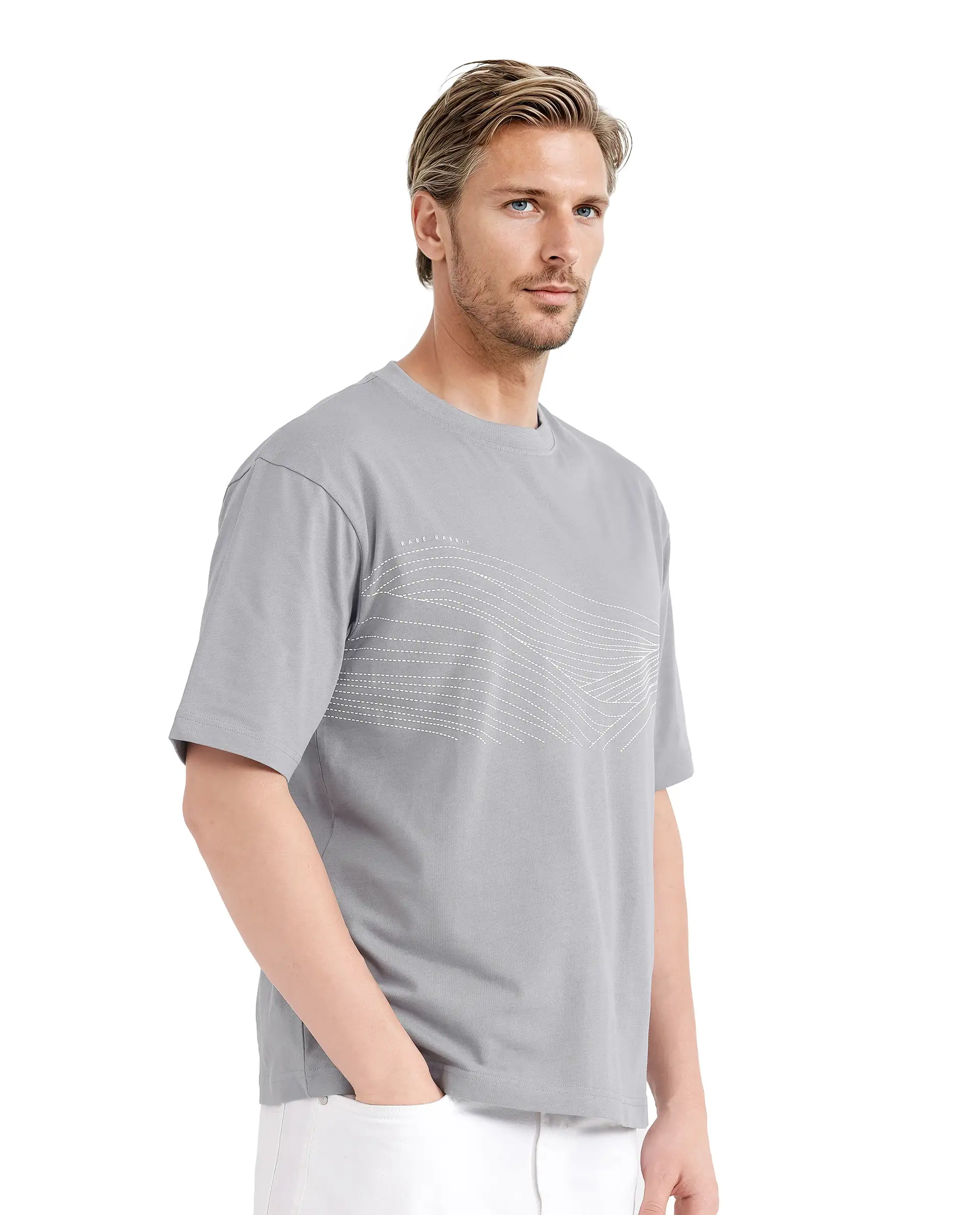 Rare Rabbit Men's Vint Light Grey Cotton Graphic Print Qlo Fit Half Sleeve Crew Neck T-Shirt - Image 6