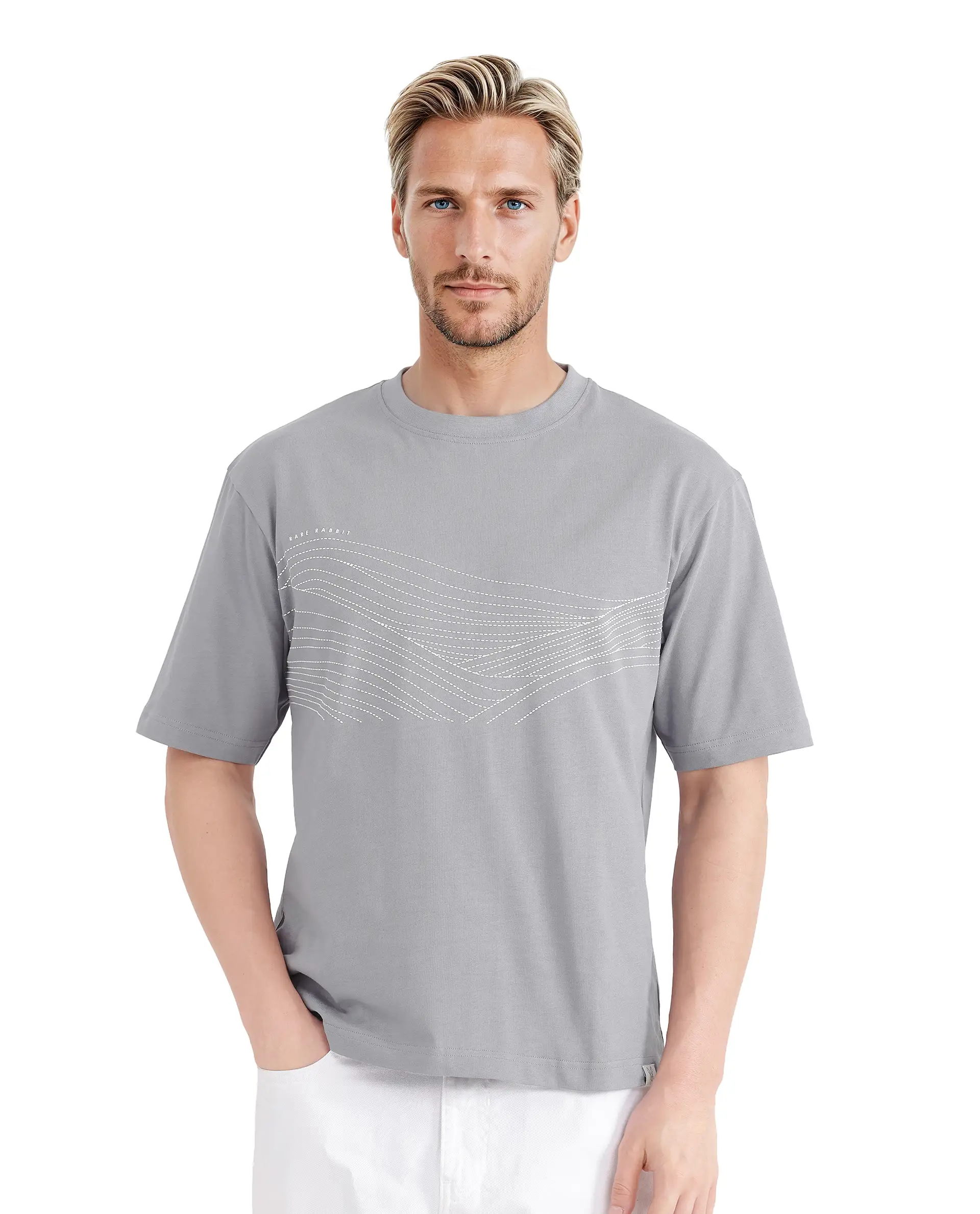 Rare Rabbit Men's Vint Light Grey Cotton Graphic Print Qlo Fit Half Sleeve Crew Neck T-Shirt - Image 7