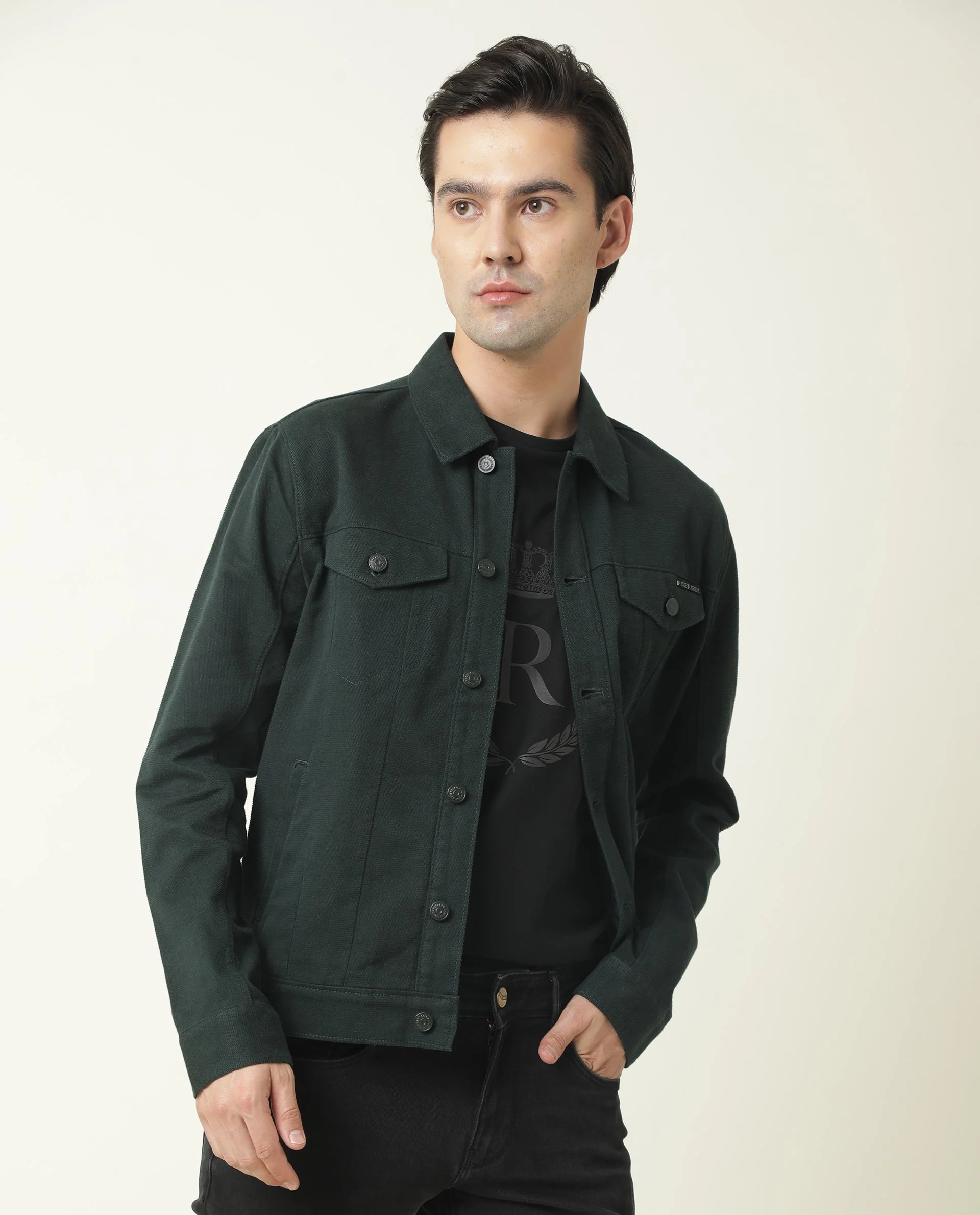 Rare Rabbit Men's Vintage Green Plain Regular Fit Full Sleeve Collared Jacket