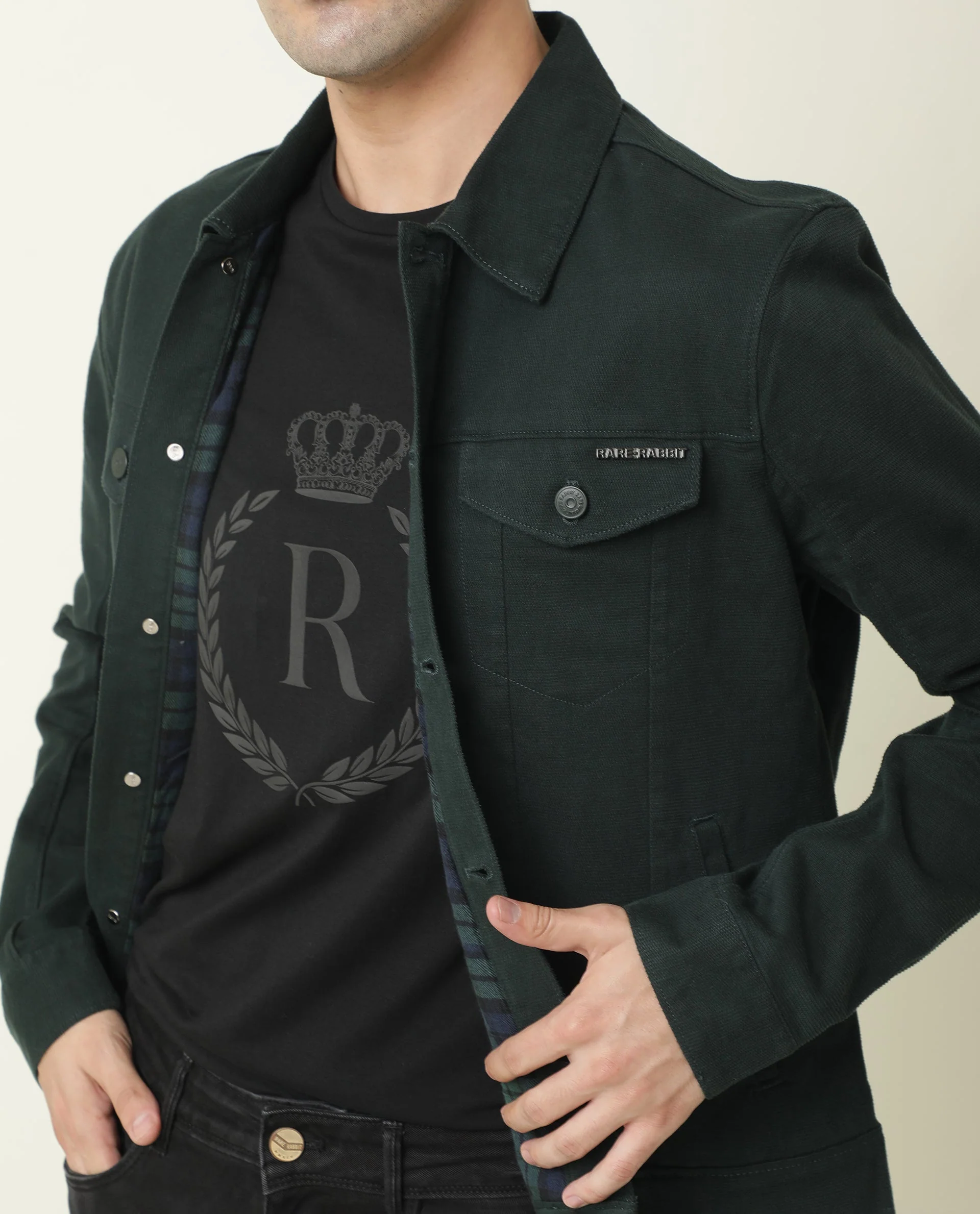 Rare Rabbit Men's Vintage Green Plain Regular Fit Full Sleeve Collared Jacket - Image 3