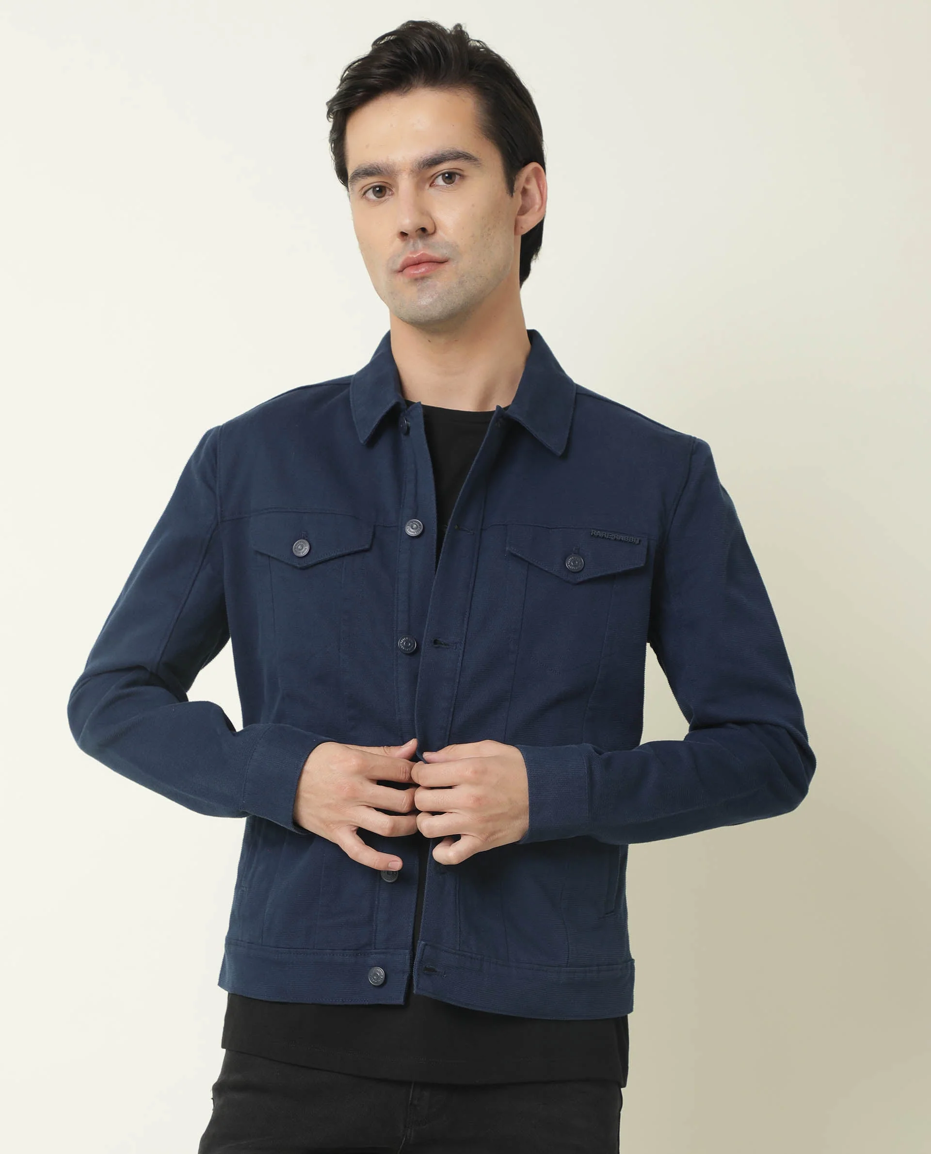 Rare Rabbit Men's Vintage Navy Cotton Plain Regular Fit Full Sleeve Spread Collar Jacket