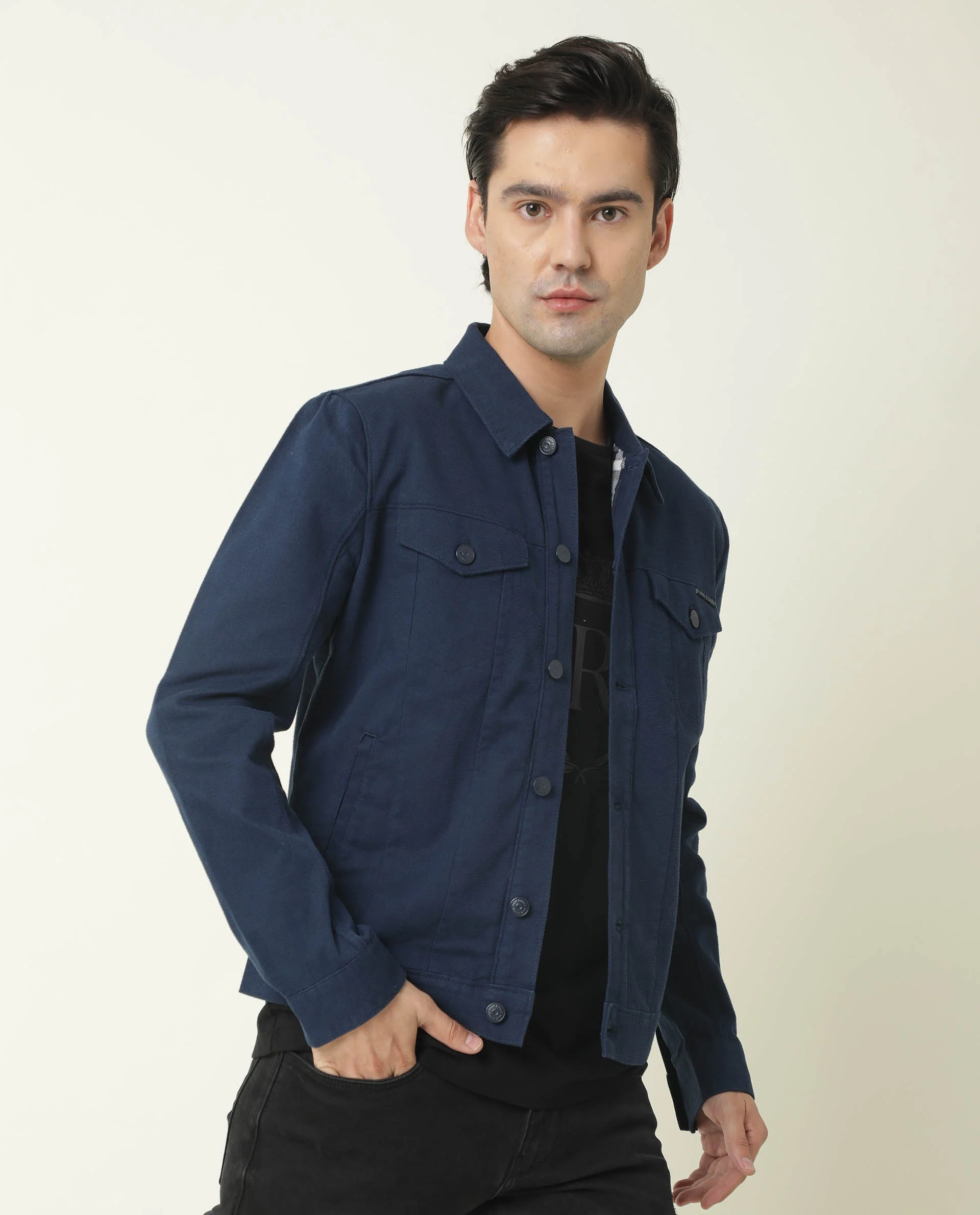 Rare Rabbit Men's Vintage Navy Cotton Plain Regular Fit Full Sleeve Spread Collar Jacket - Image 2