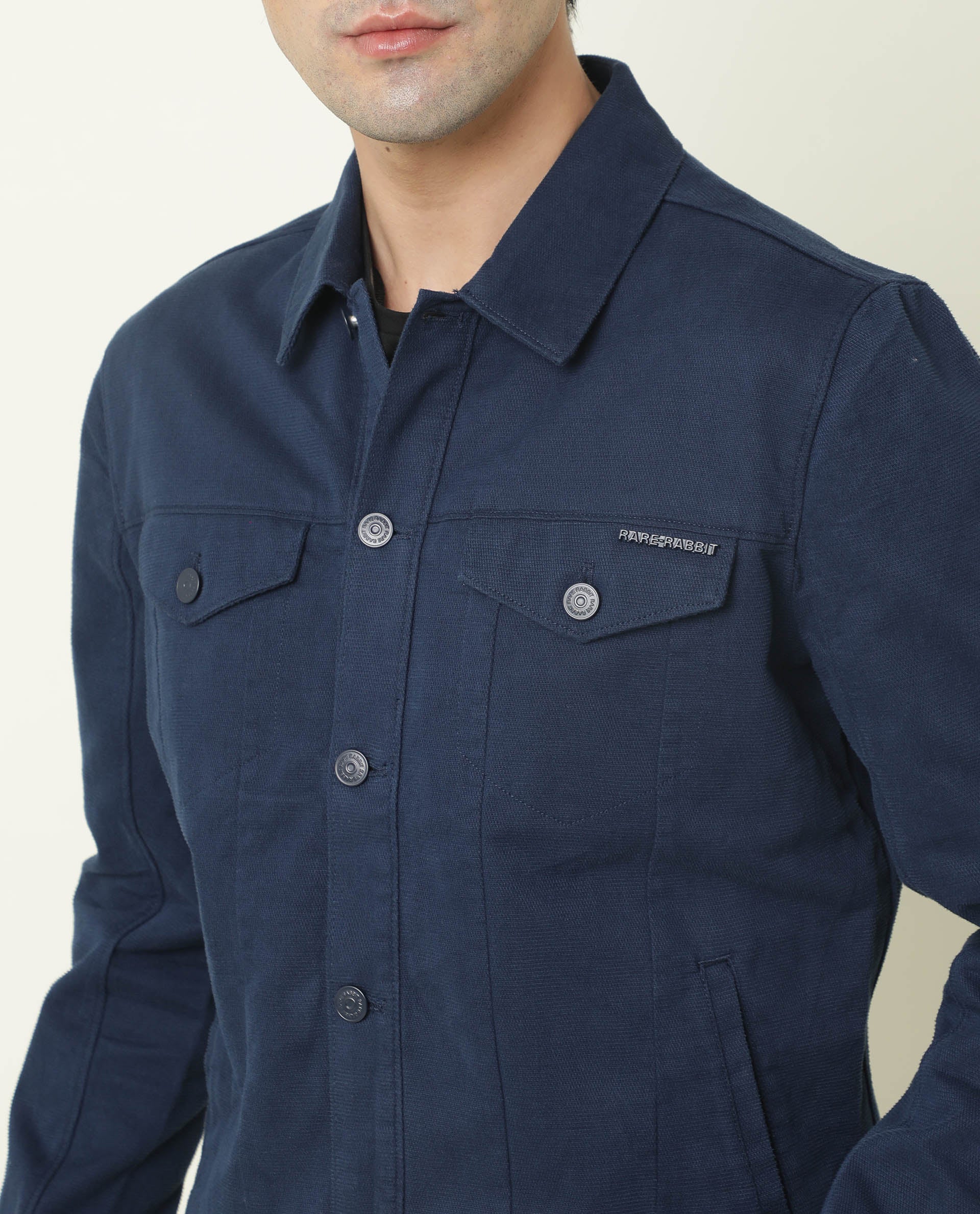 Rare Rabbit Men's Vintage Navy Cotton Plain Regular Fit Full Sleeve Spread Collar Jacket - Image 3