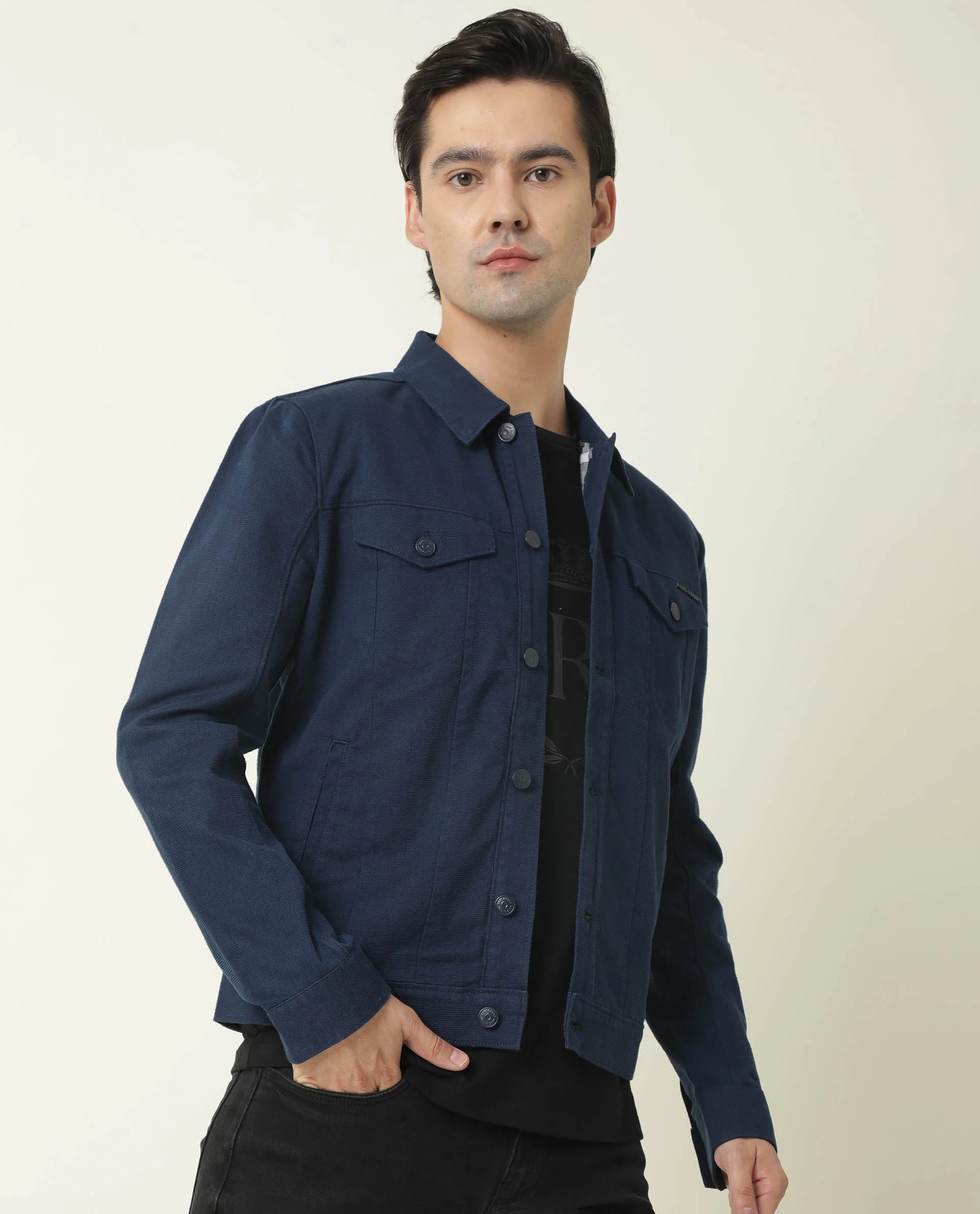 Rare Rabbit Men's Vintage Navy Cotton Plain Regular Fit Full Sleeve Spread Collar Jacket - Image 4