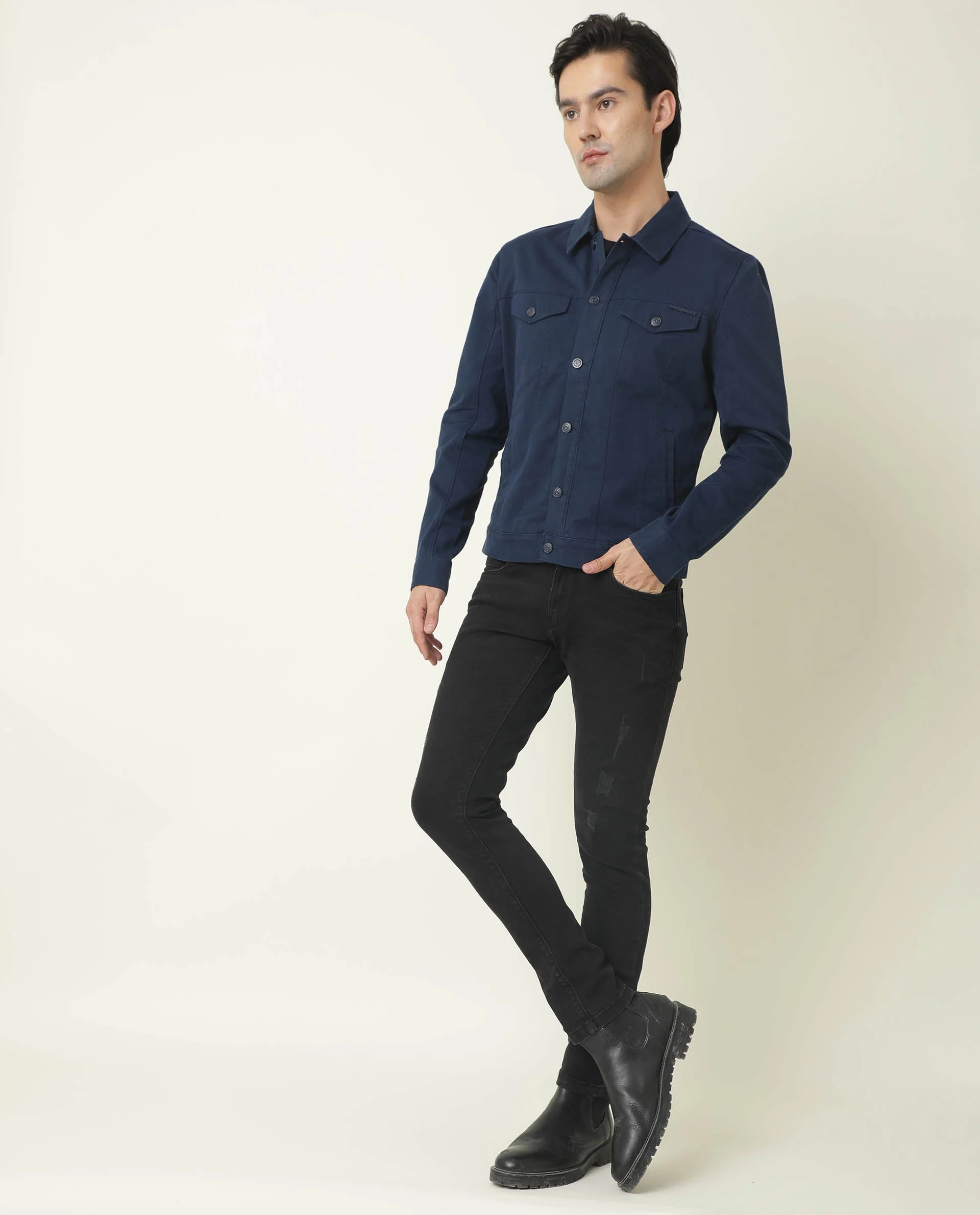 Rare Rabbit Men's Vintage Navy Cotton Plain Regular Fit Full Sleeve Spread Collar Jacket - Image 7