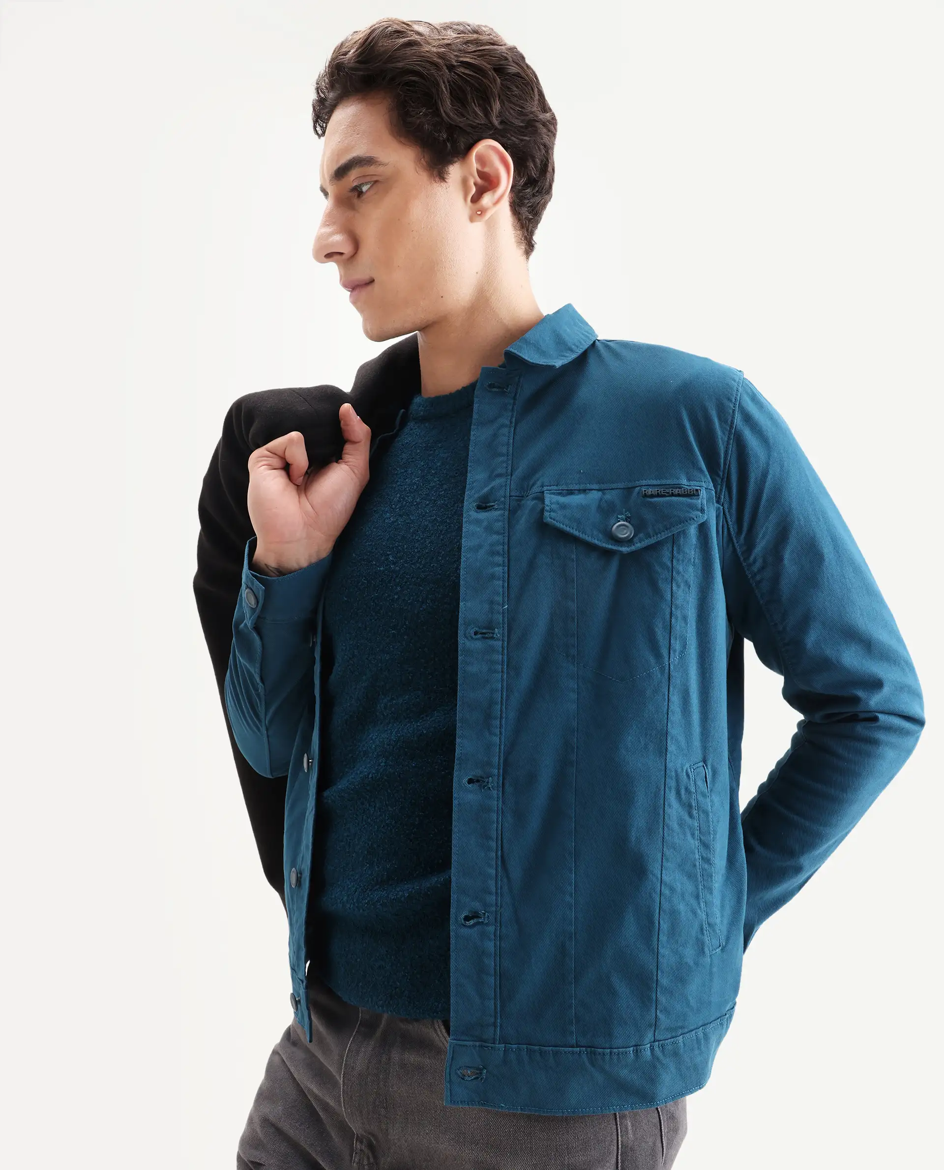 Rare Rabbit Men's Vintago Dark Teal Cotton Plain Regular Fit Full Sleeve Spread Collar Jacket