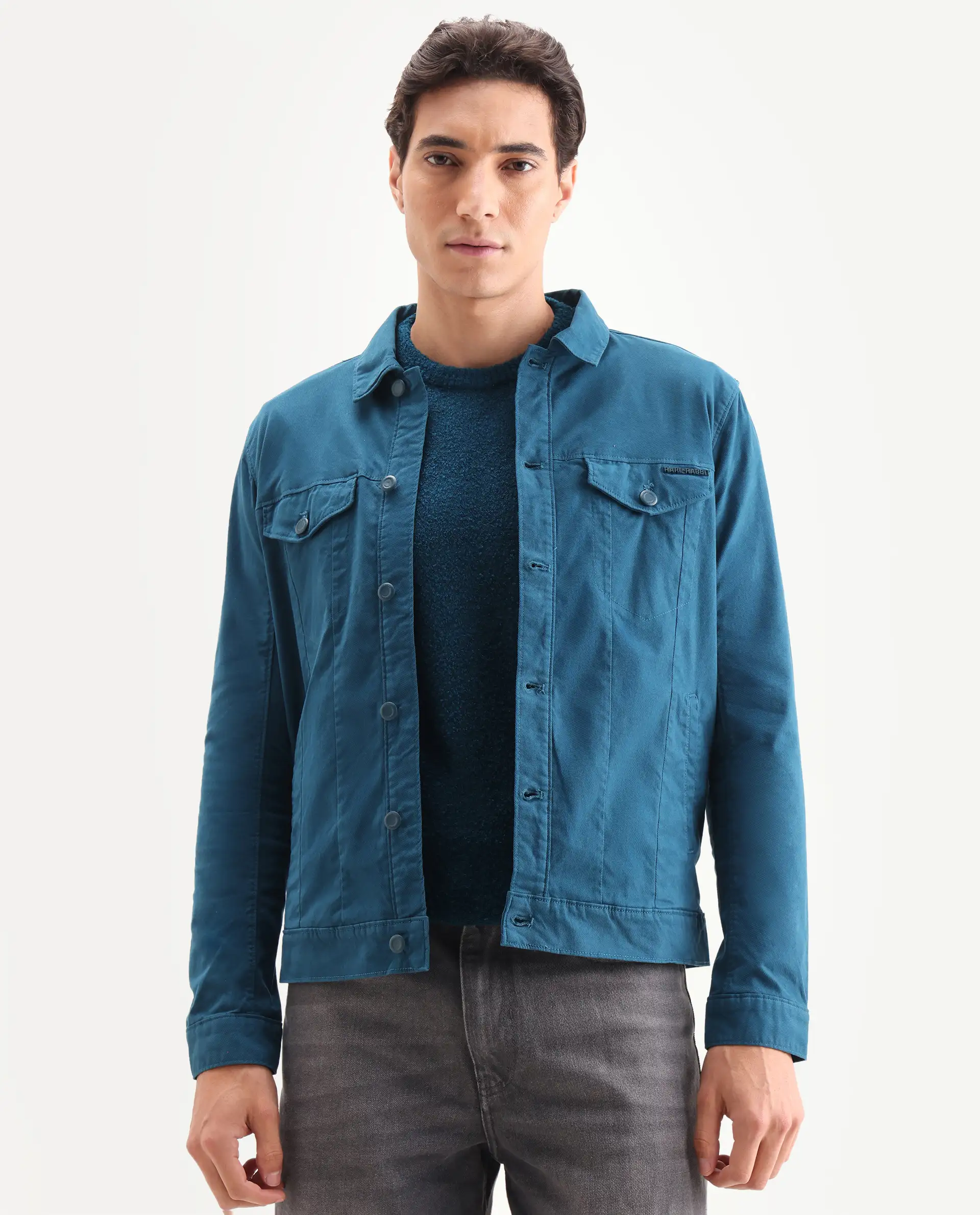 Rare Rabbit Men's Vintago Dark Teal Cotton Plain Regular Fit Full Sleeve Spread Collar Jacket - Image 3