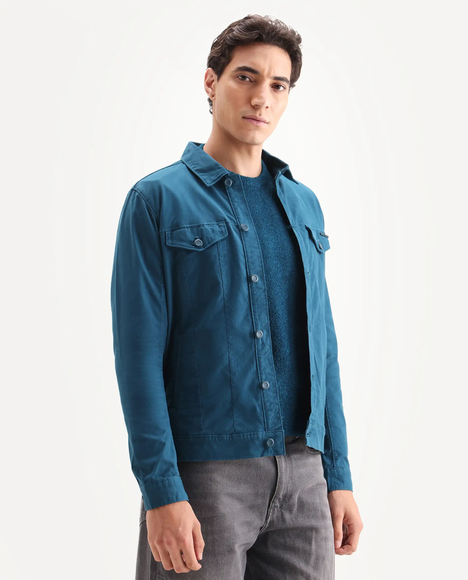 Rare Rabbit Men's Vintago Dark Teal Cotton Plain Regular Fit Full Sleeve Spread Collar Jacket - Image 6