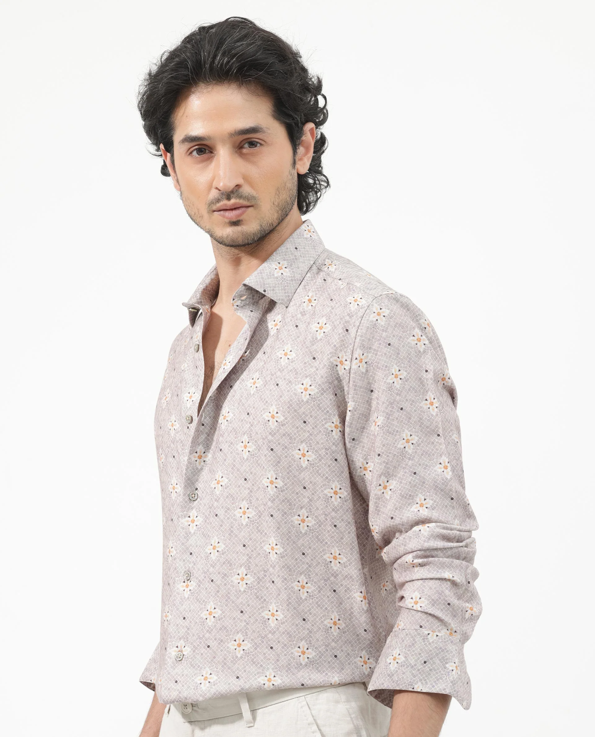 Rare Rabbit Men's Vinter Light Grey Viscose Floral Print Regular Fit Full Sleeve Collared Shirt - Image 4