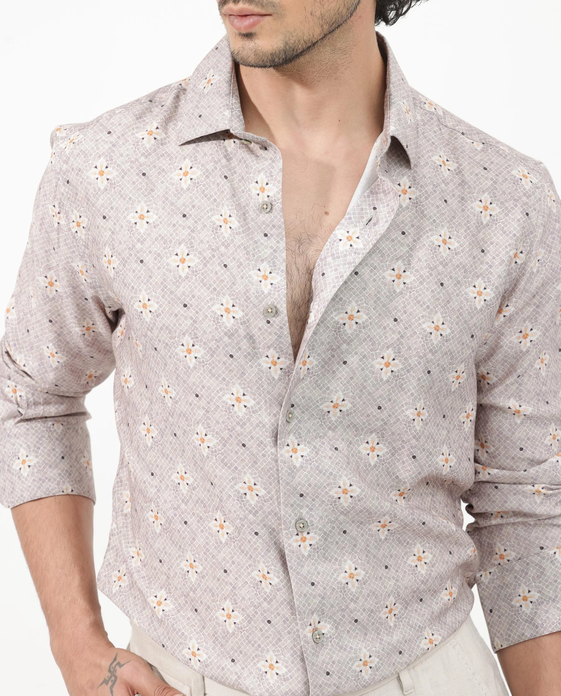 Rare Rabbit Men's Vinter Light Grey Viscose Floral Print Regular Fit Full Sleeve Collared Shirt - Image 5
