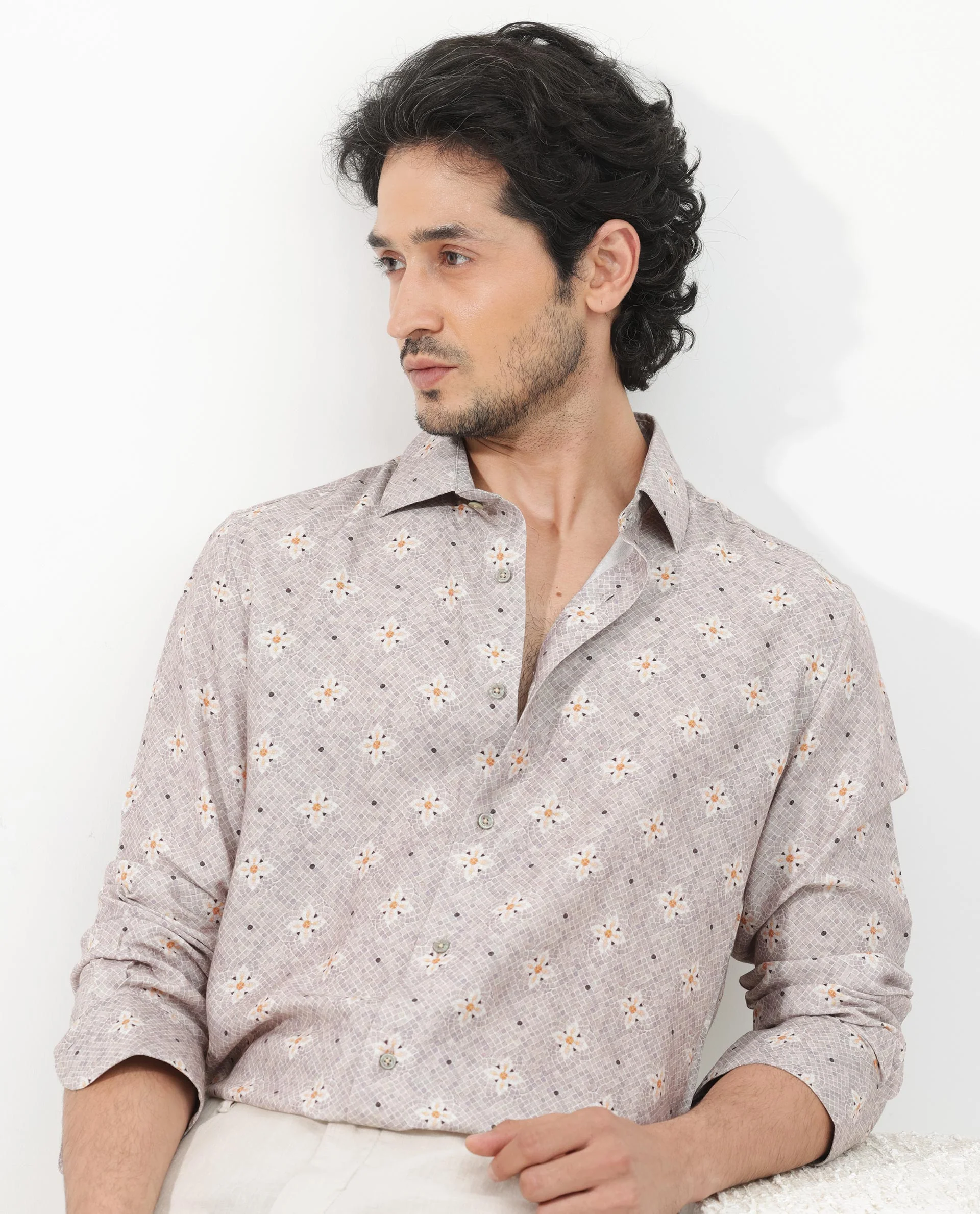 Rare Rabbit Men's Vinter Light Grey Viscose Floral Print Regular Fit Full Sleeve Collared Shirt - Image 6