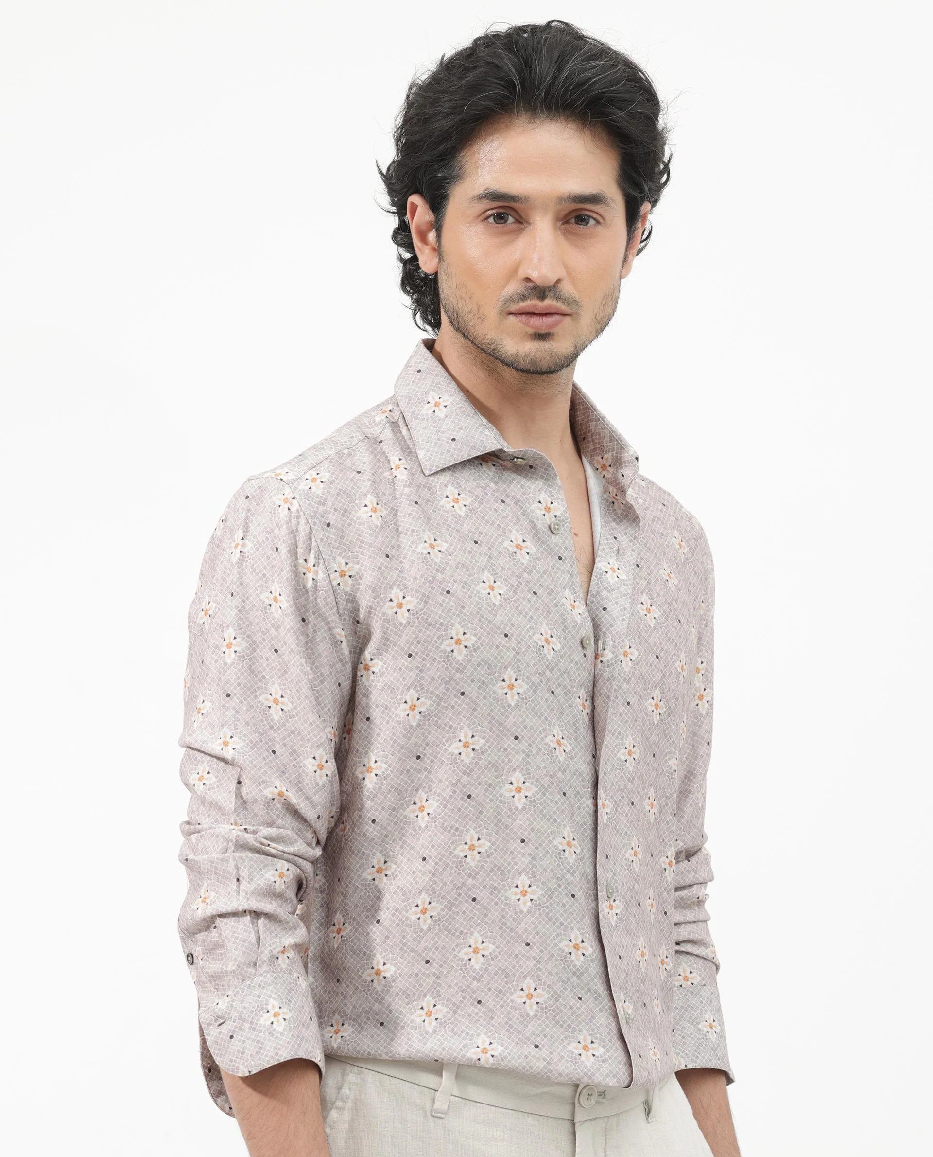 Rare Rabbit Men's Vinter Light Grey Viscose Floral Print Regular Fit Full Sleeve Collared Shirt - Image 7