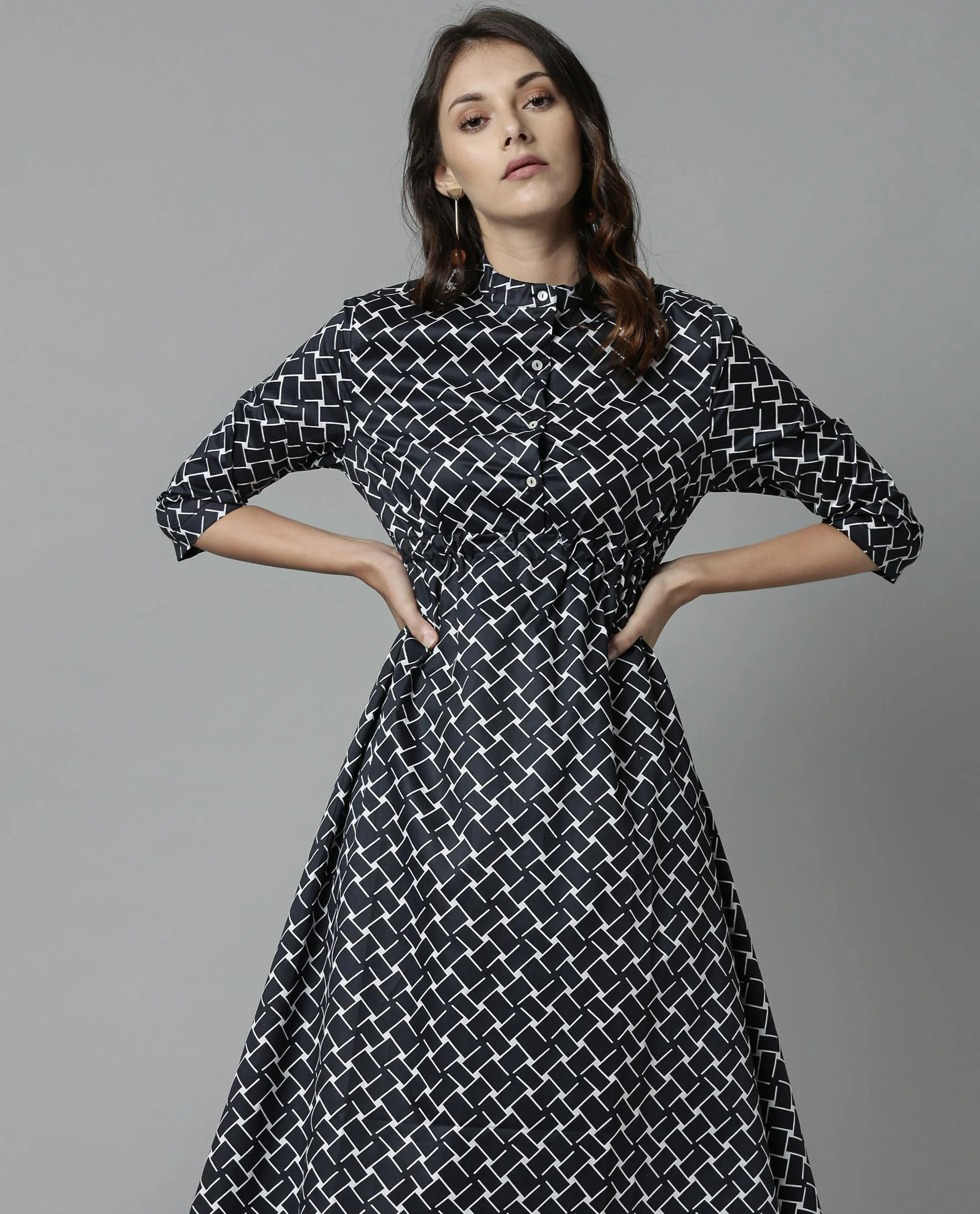 Rareism Women Violen Navy Dress Full Sleeves Printed
