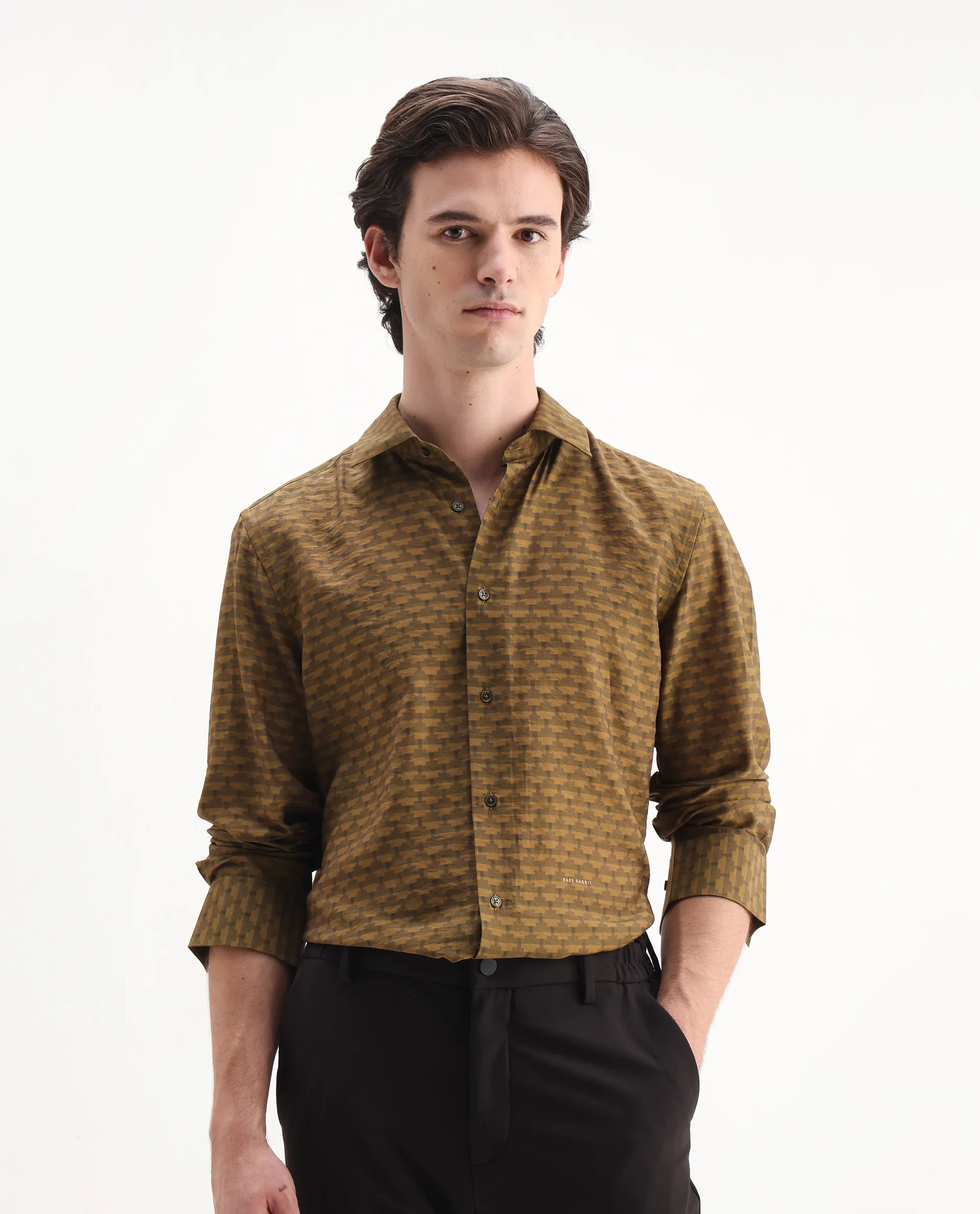 Rare Rabbit Men's Vira Dusky Yellow Viscose Blend Digital Print Regular Fit Full Sleeve Collared Shirt