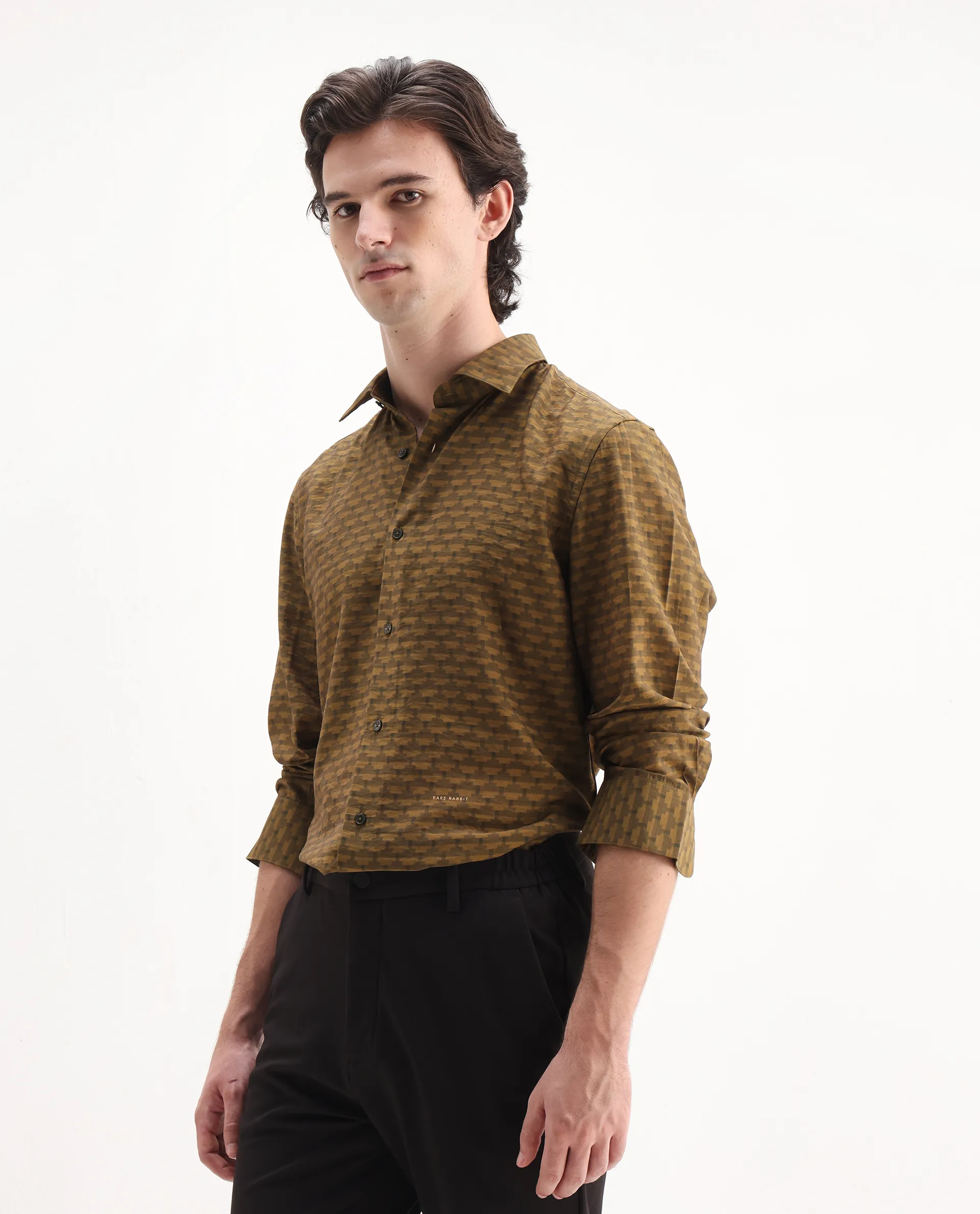 Rare Rabbit Men's Vira Dusky Yellow Viscose Blend Digital Print Regular Fit Full Sleeve Collared Shirt - Image 4