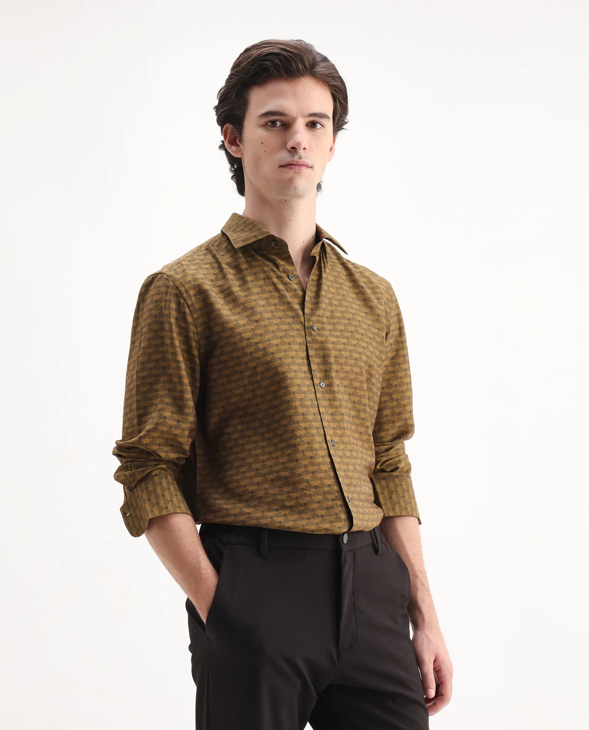 Rare Rabbit Men's Vira Dusky Yellow Viscose Blend Digital Print Regular Fit Full Sleeve Collared Shirt - Image 5