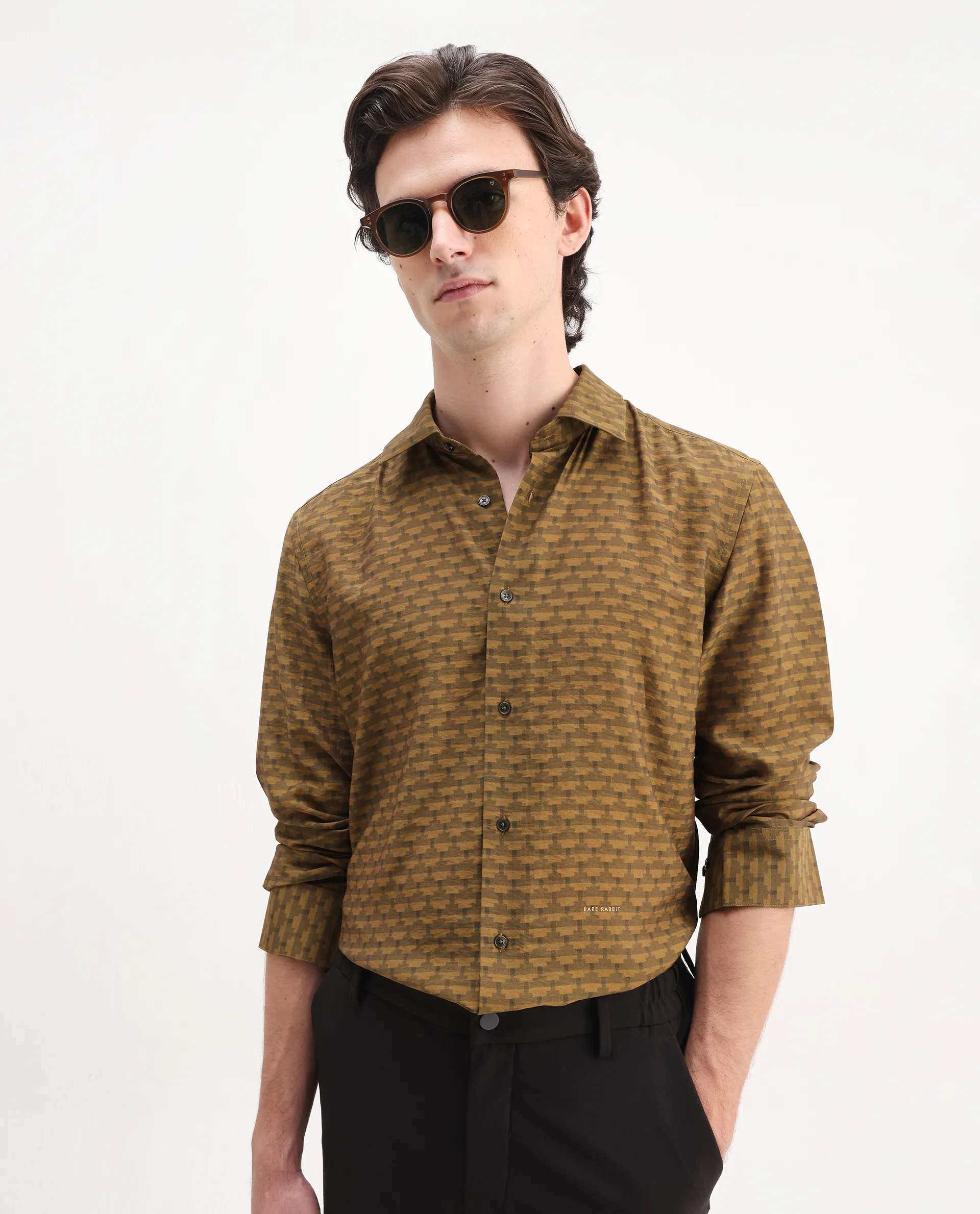 Rare Rabbit Men's Vira Dusky Yellow Viscose Blend Digital Print Regular Fit Full Sleeve Collared Shirt - Image 6