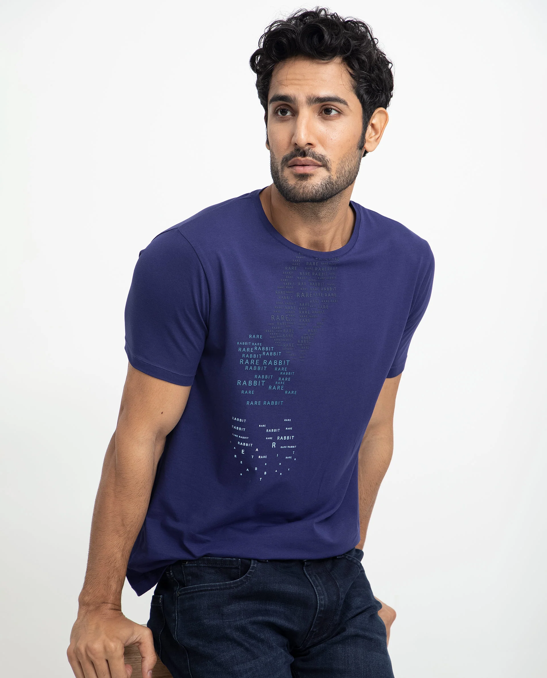 Rare Rabbit Men's Viras Blue Cotton Graphic Print Slim Fit Half Sleeve Crew Neck T-Shirt - Image 3