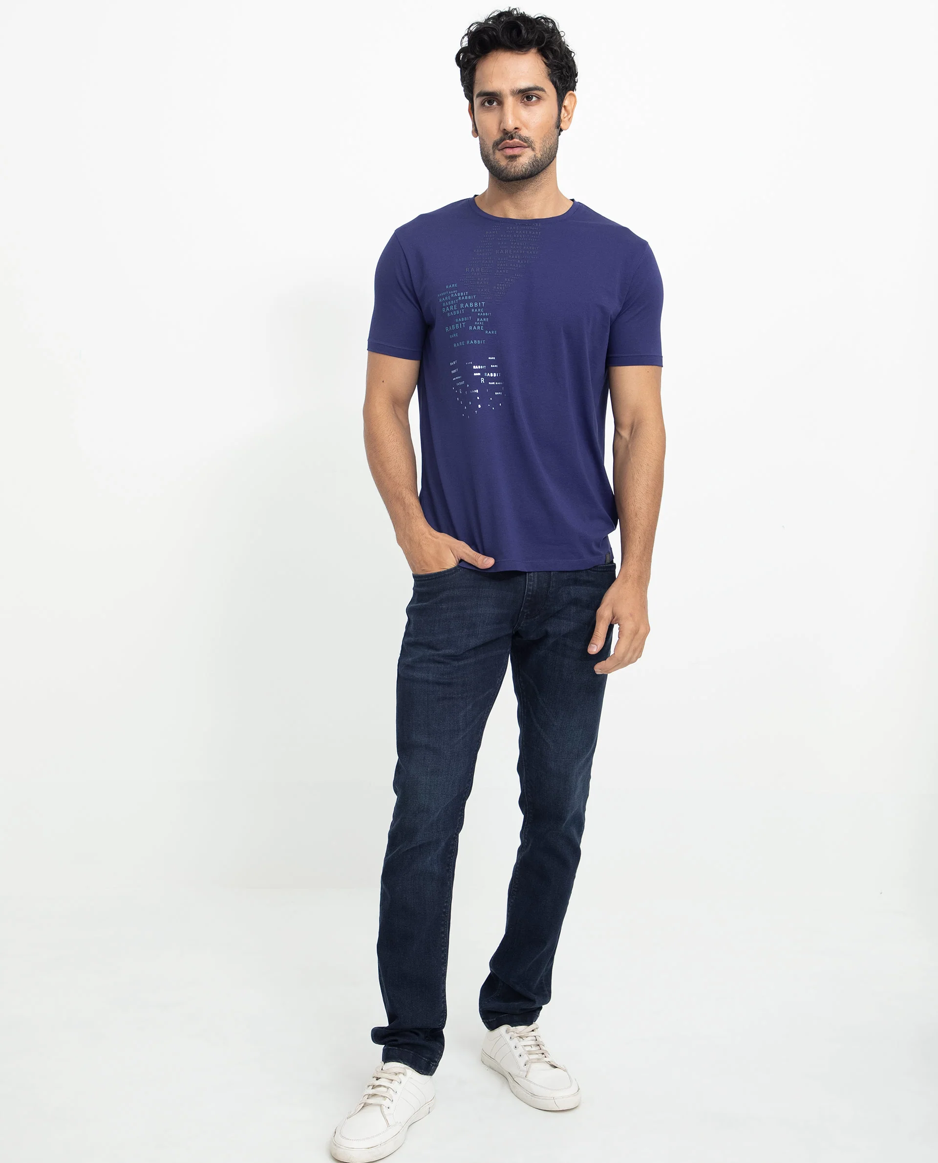 Rare Rabbit Men's Viras Blue Cotton Graphic Print Slim Fit Half Sleeve Crew Neck T-Shirt - Image 4