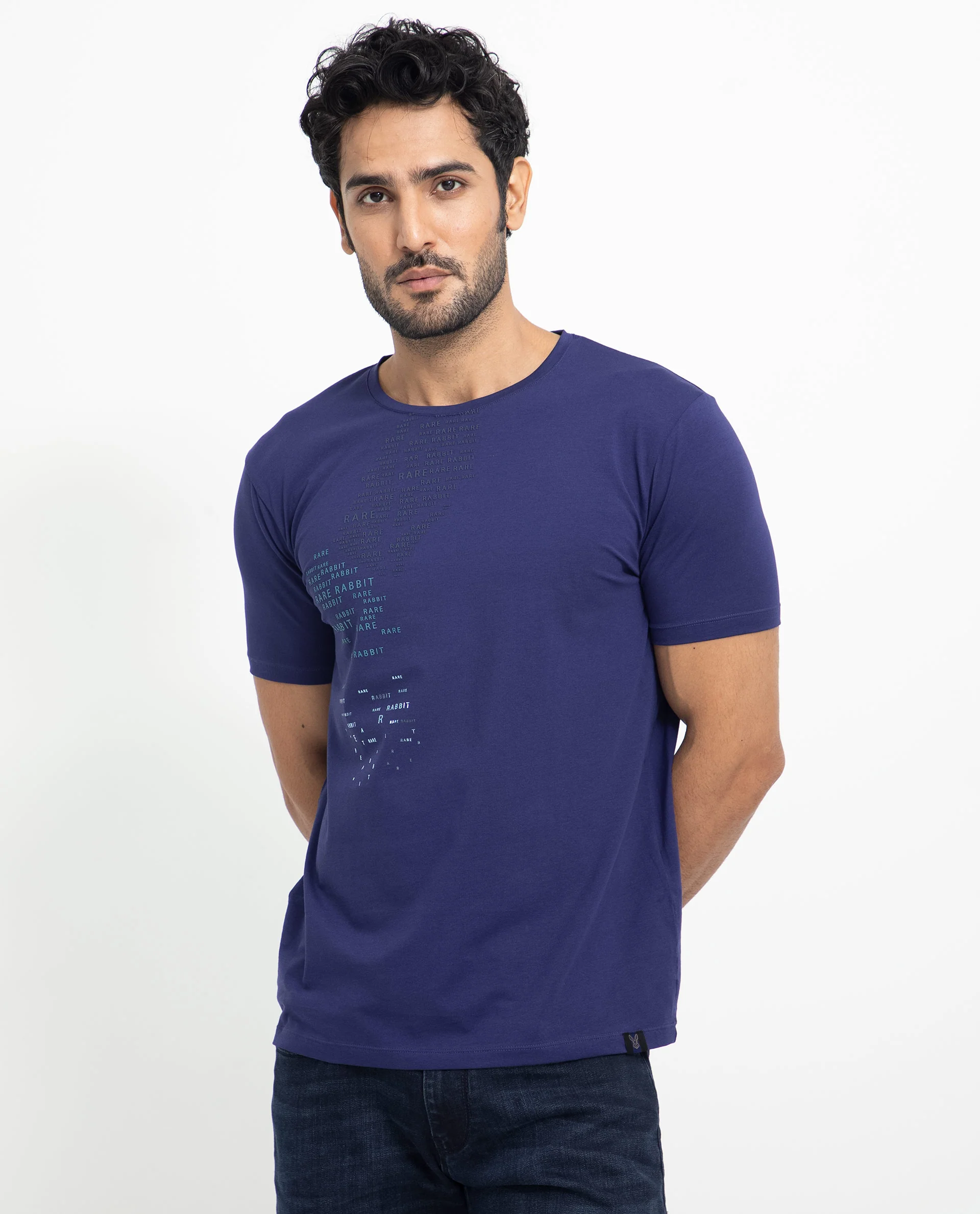 Rare Rabbit Men's Viras Blue Cotton Graphic Print Slim Fit Half Sleeve Crew Neck T-Shirt - Image 5
