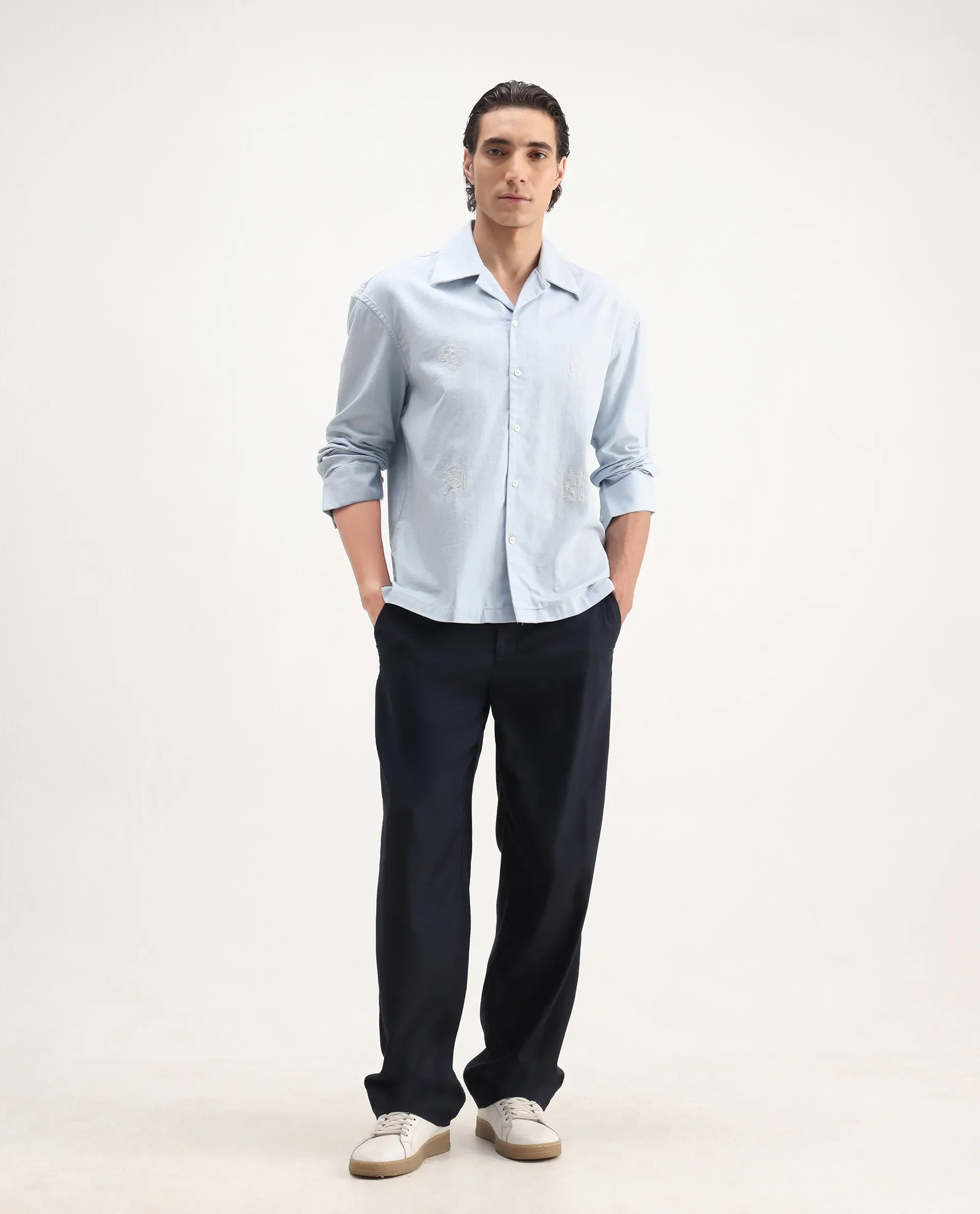Rare Rabbit Men's Virton Light Blue Cotton Embroidered Regular Fit Full Sleeve Cuban Collar Shirt - Image 2