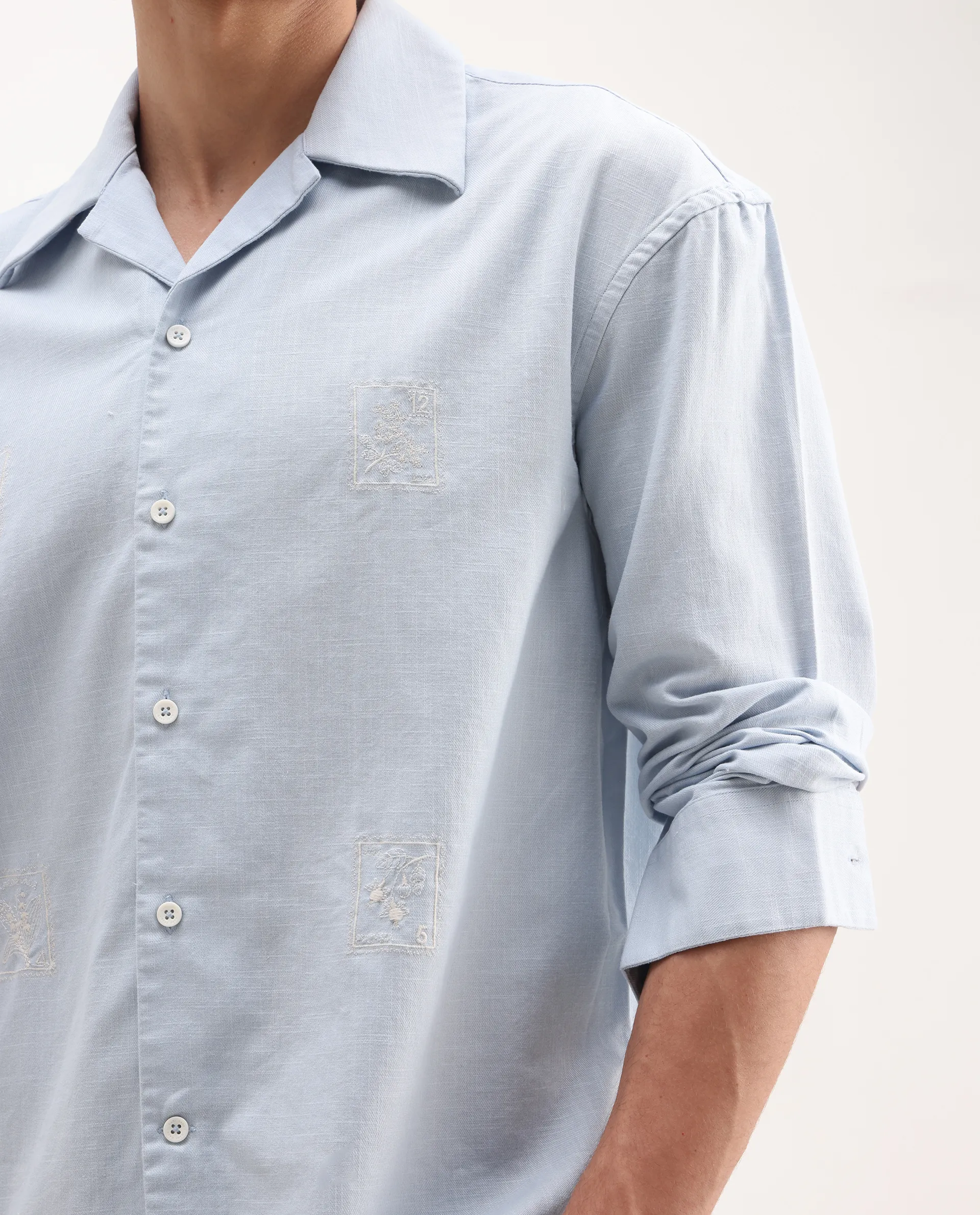 Rare Rabbit Men's Virton Light Blue Cotton Embroidered Regular Fit Full Sleeve Cuban Collar Shirt - Image 3