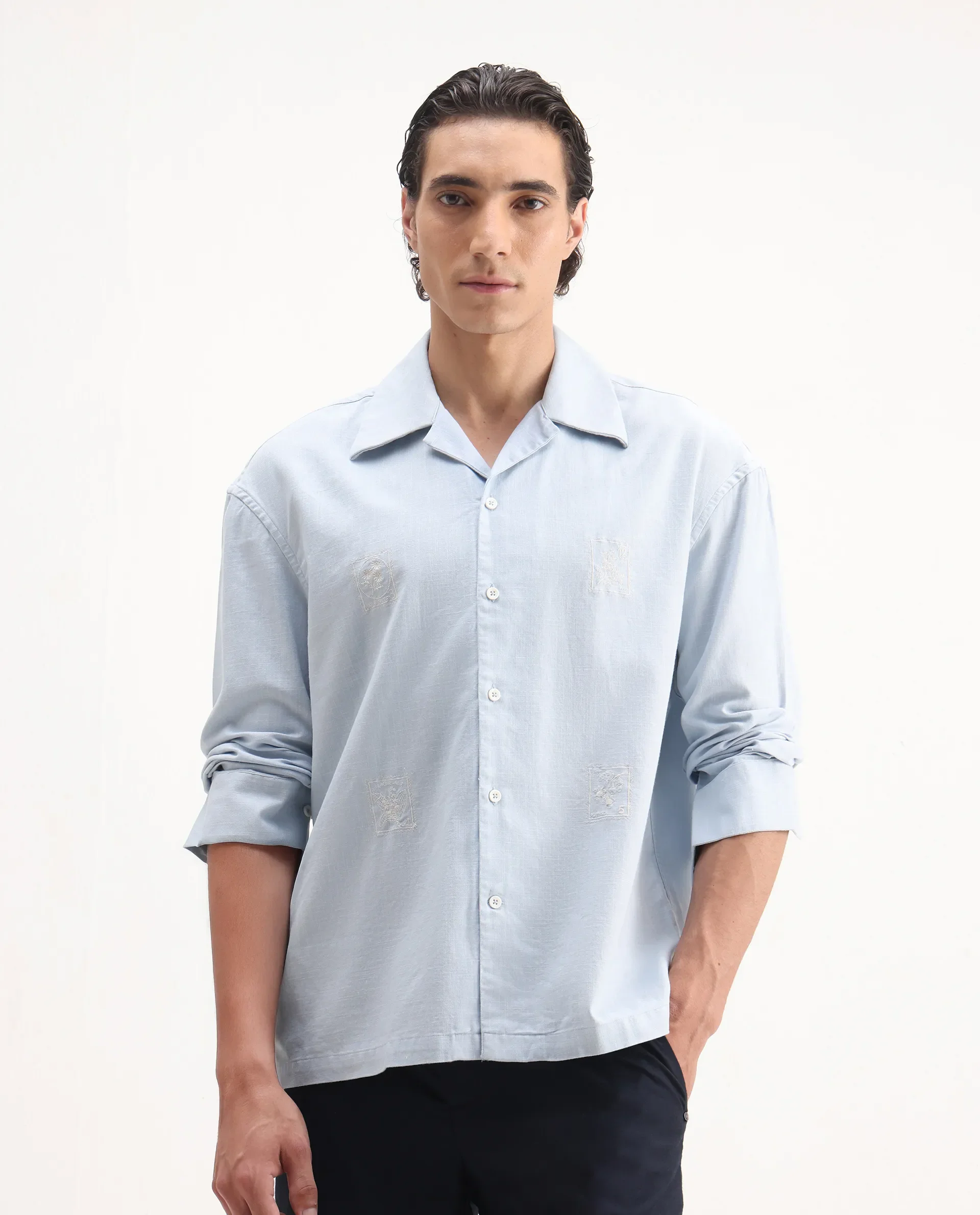 Rare Rabbit Men's Virton Light Blue Cotton Embroidered Regular Fit Full Sleeve Cuban Collar Shirt - Image 4