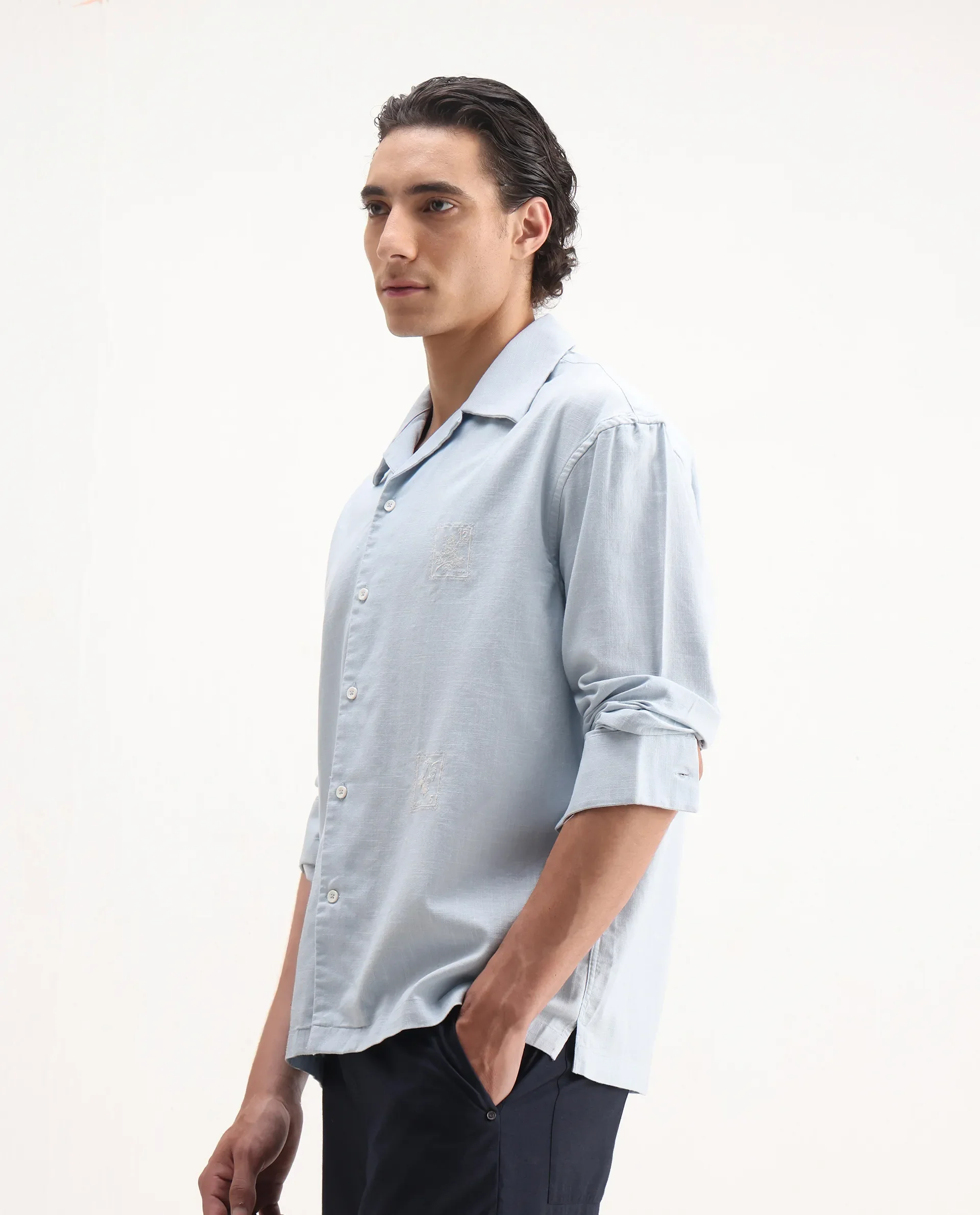 Rare Rabbit Men's Virton Light Blue Cotton Embroidered Regular Fit Full Sleeve Cuban Collar Shirt - Image 5
