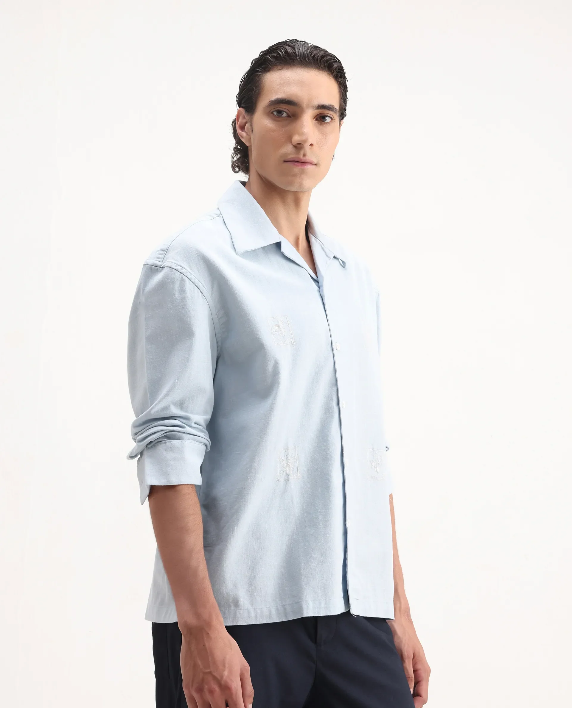 Rare Rabbit Men's Virton Light Blue Cotton Embroidered Regular Fit Full Sleeve Cuban Collar Shirt - Image 6