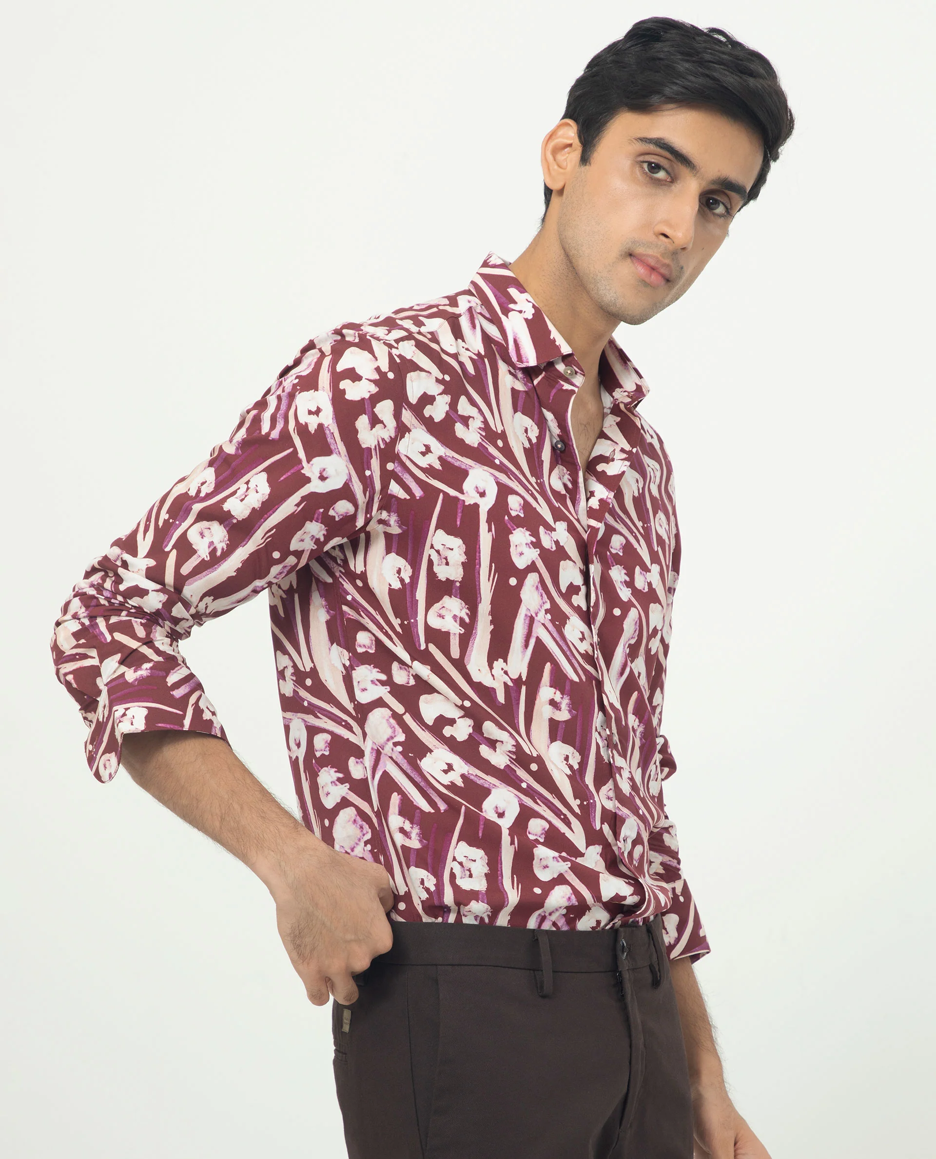 Rare Rabbit Men's Visker Brown Viscose Abstract Print Regular Fit Full Sleeve Collared Shirt - Image 3