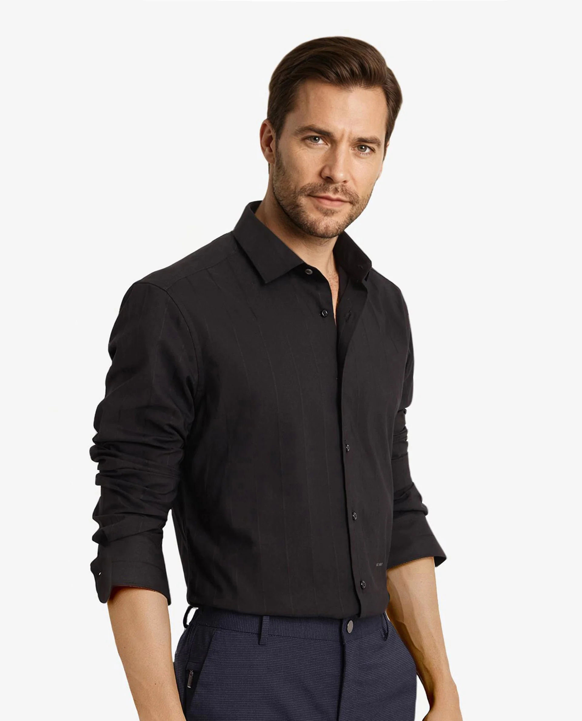 Rare Rabbit Men's Vista-1 Black Cotton Striped Print Regular Fit Full Sleeve Collared Shirt - Image 4