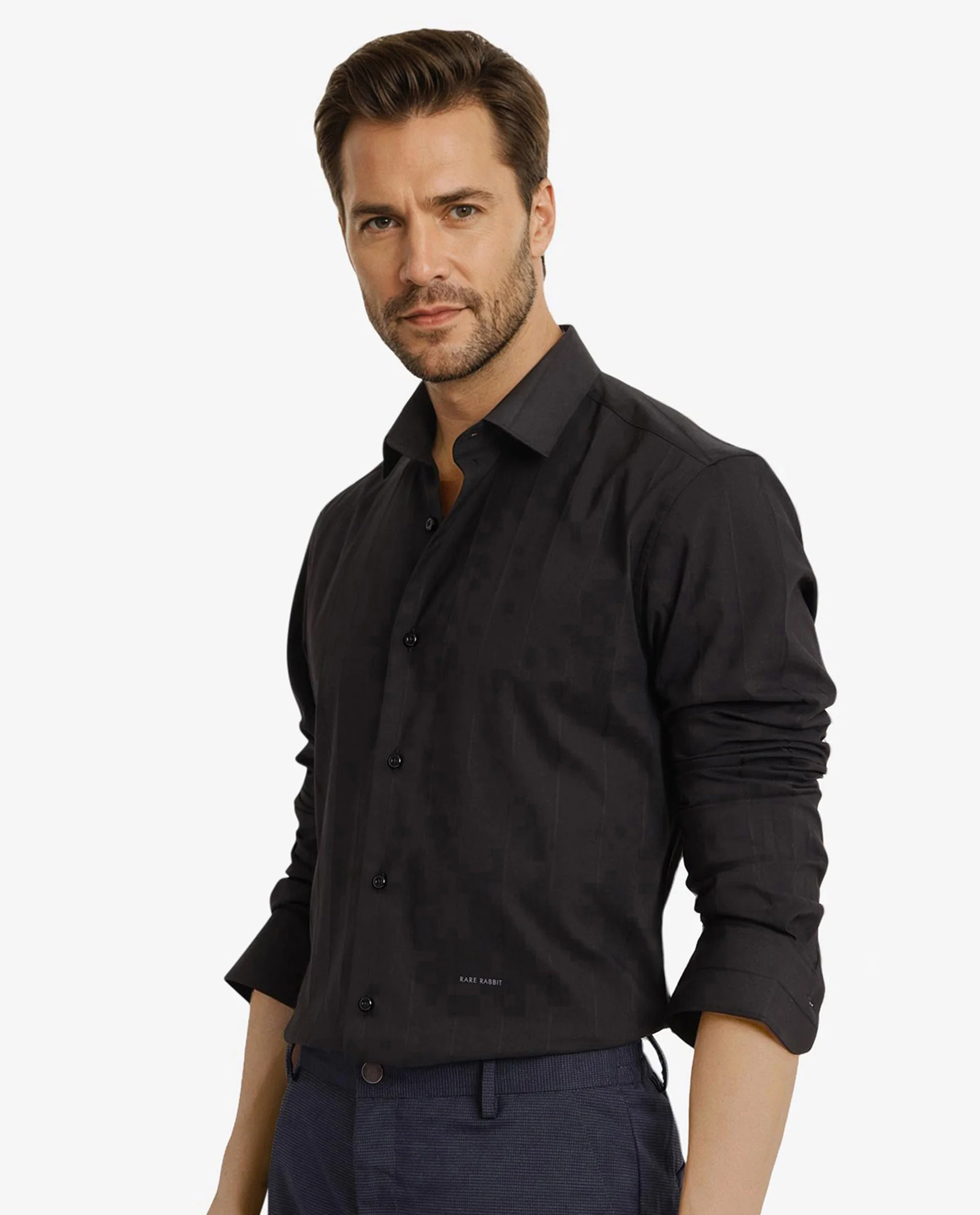 Rare Rabbit Men's Vista-1 Black Cotton Striped Print Regular Fit Full Sleeve Collared Shirt - Image 6
