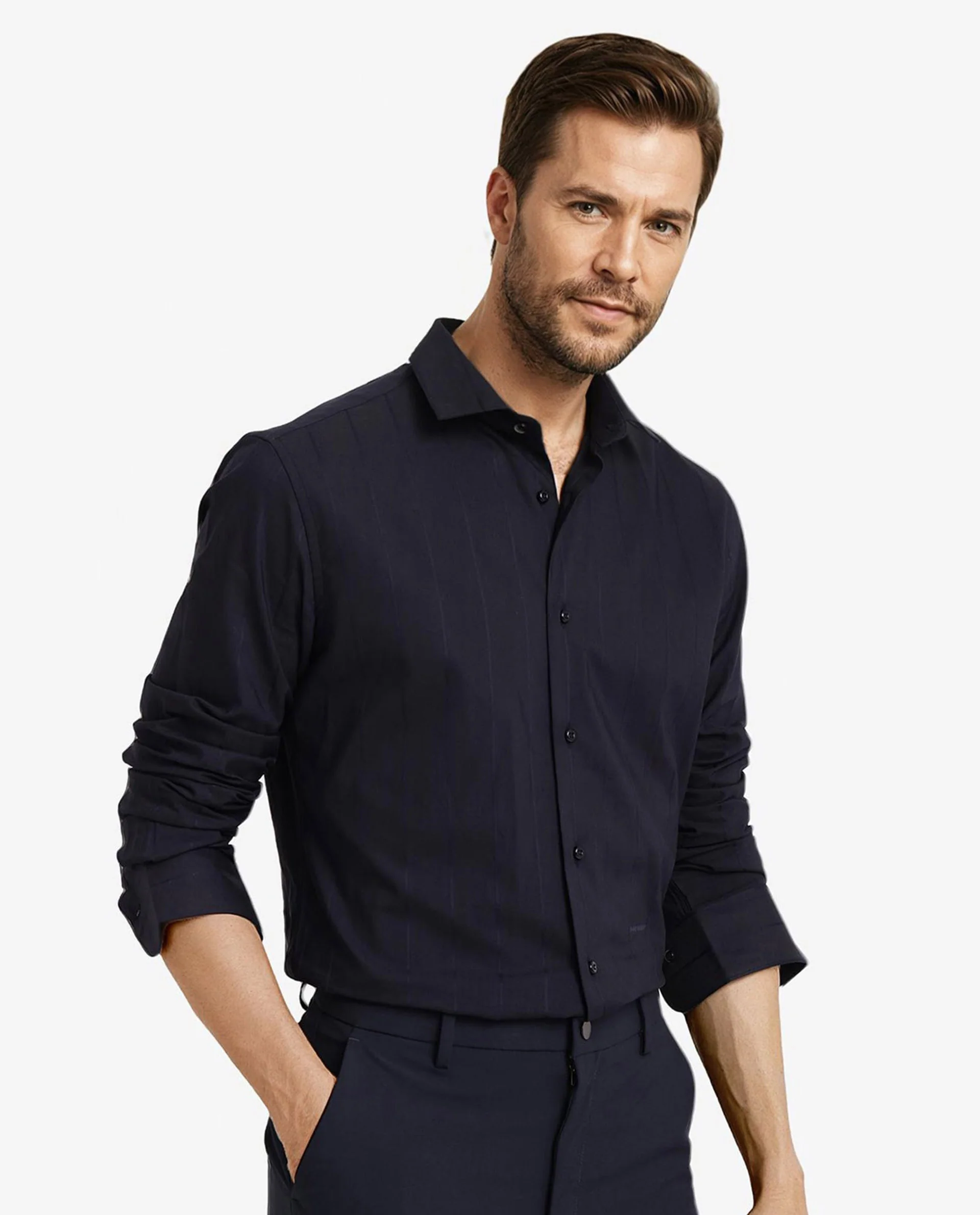 Rare Rabbit Men's Vista-1 Dark Navy Cotton Striped Print Regular Fit Full Sleeve Collared Shirt - Image 5