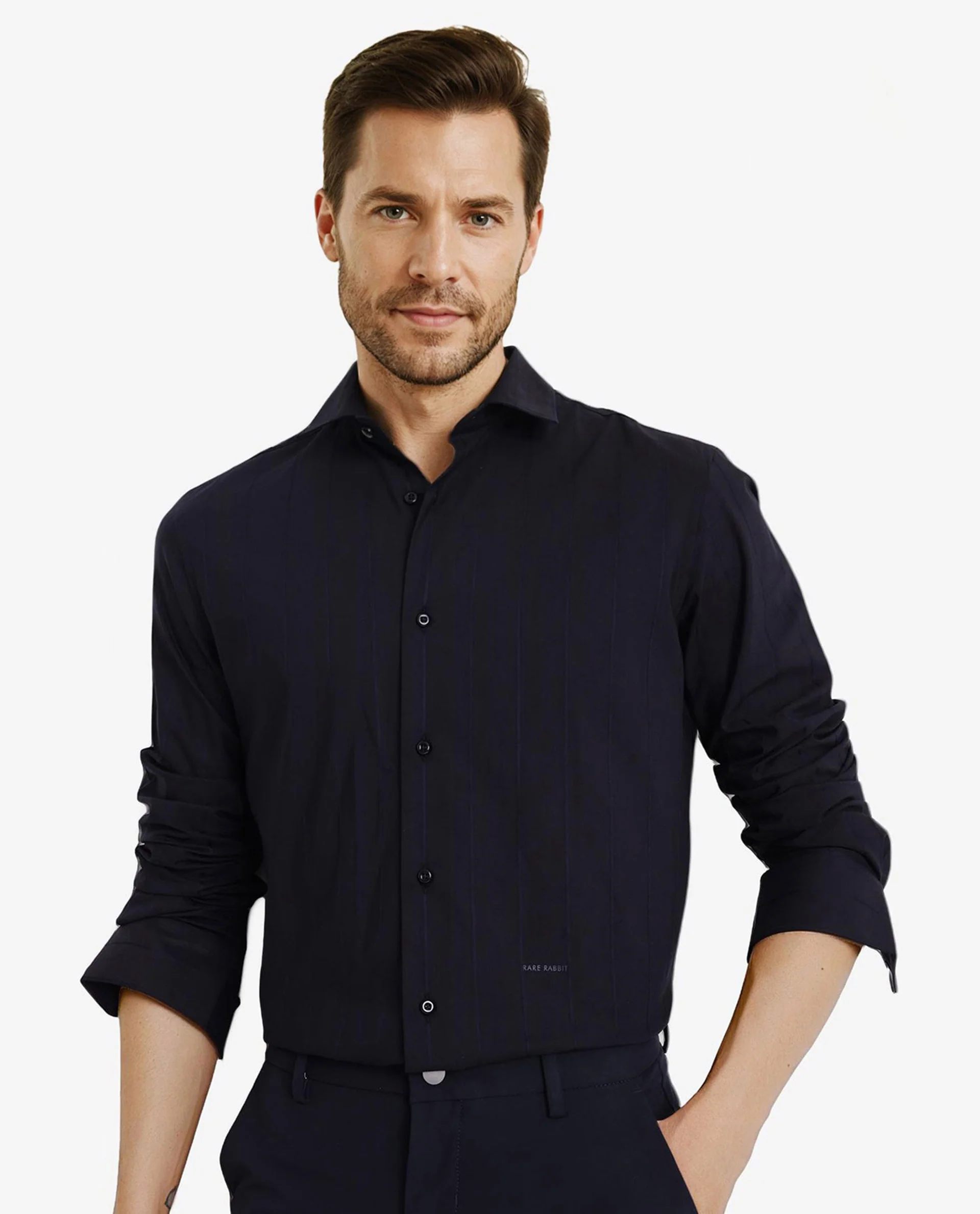 Rare Rabbit Men's Vista-1 Dark Navy Cotton Striped Print Regular Fit Full Sleeve Collared Shirt - Image 7