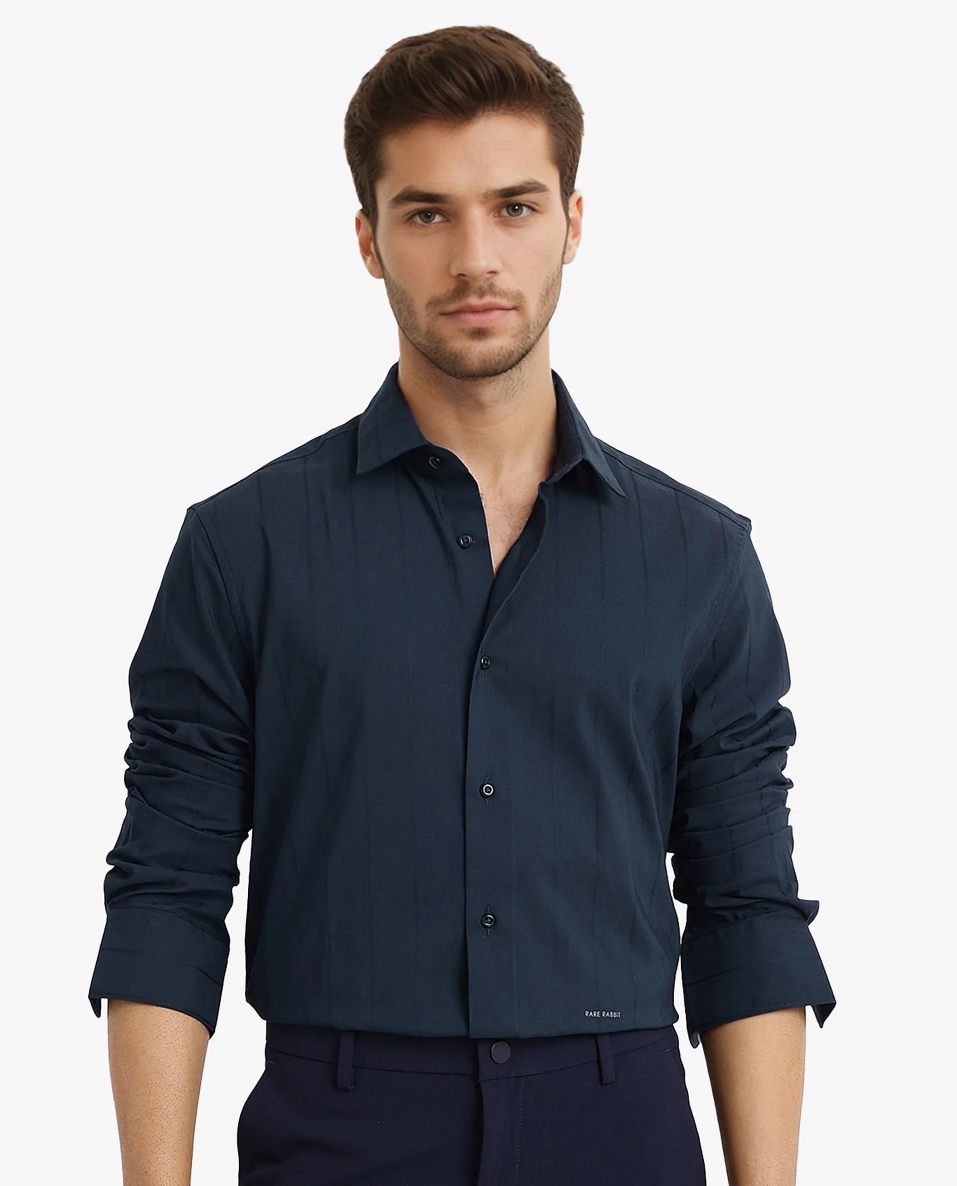 Rare Rabbit Men's Vista-1 Dark Petrol Cotton Striped Print Regular Fit Full Sleeve Collared Shirt