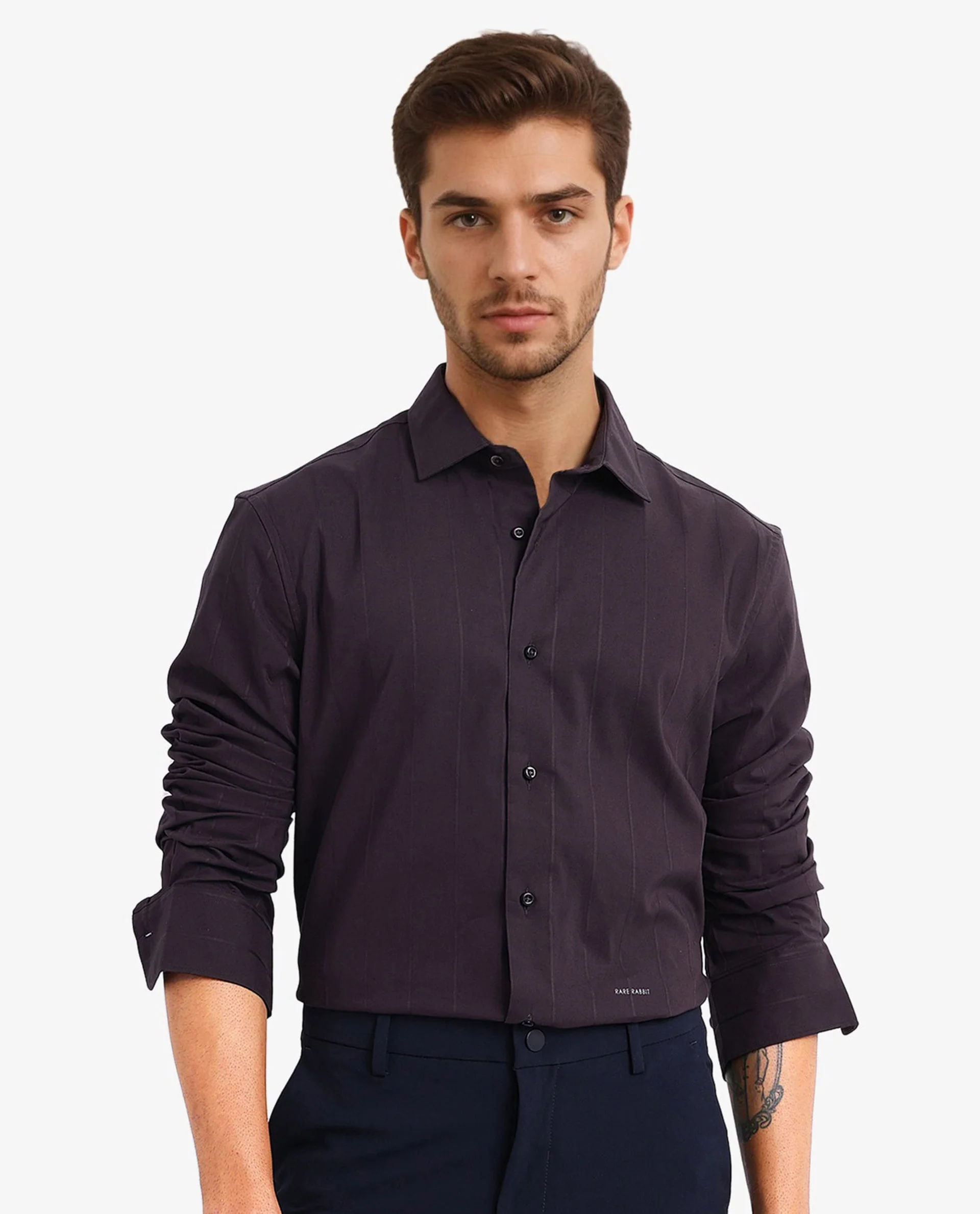 Rare Rabbit Men's Vista-1 Dark Purple Cotton Striped Print Regular Fit Full Sleeve Collared Shirt