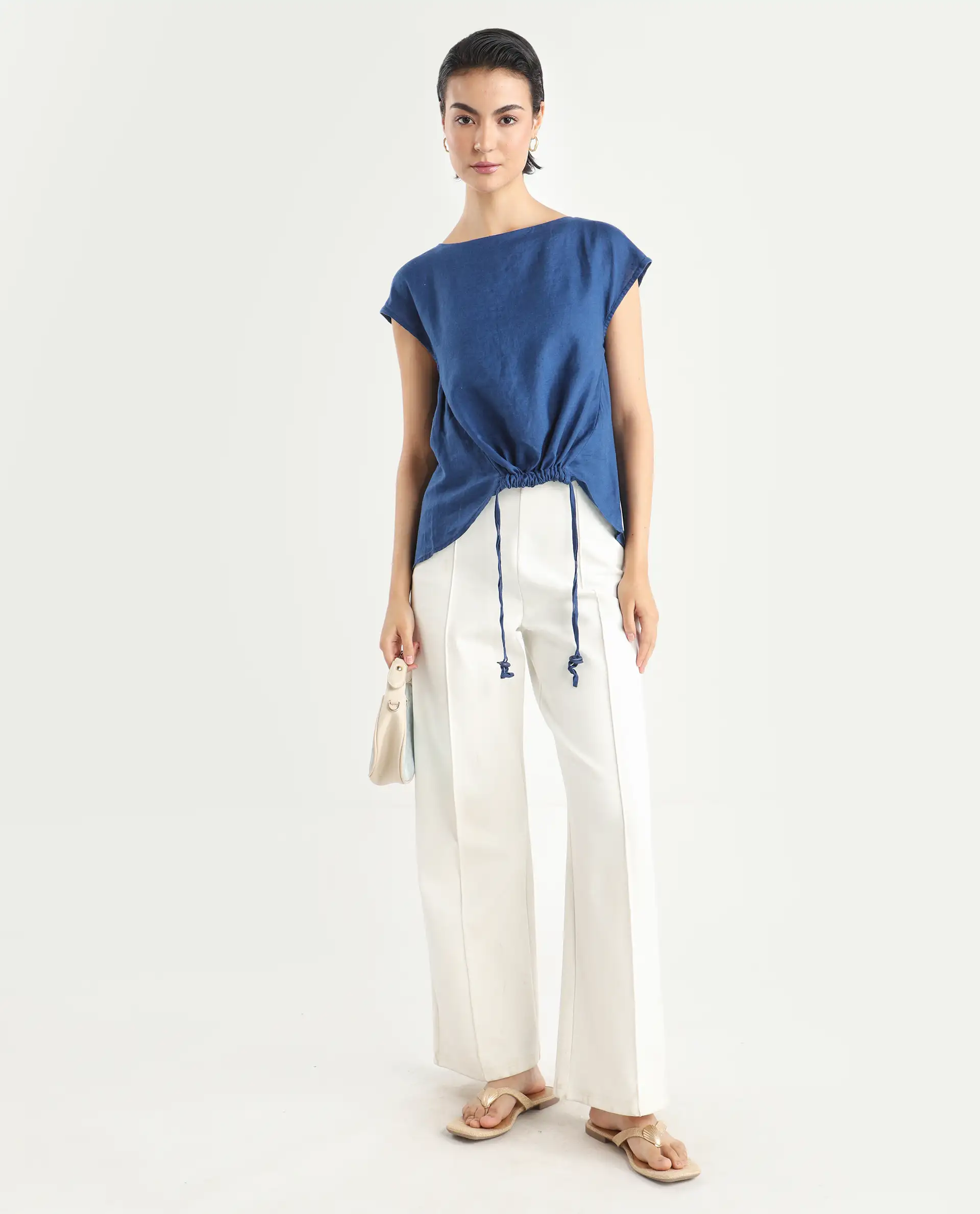 Rareism Women's Vita Blue Linen Boat Neck Plain Extended Sleeves Regular Fit Top - Image 2