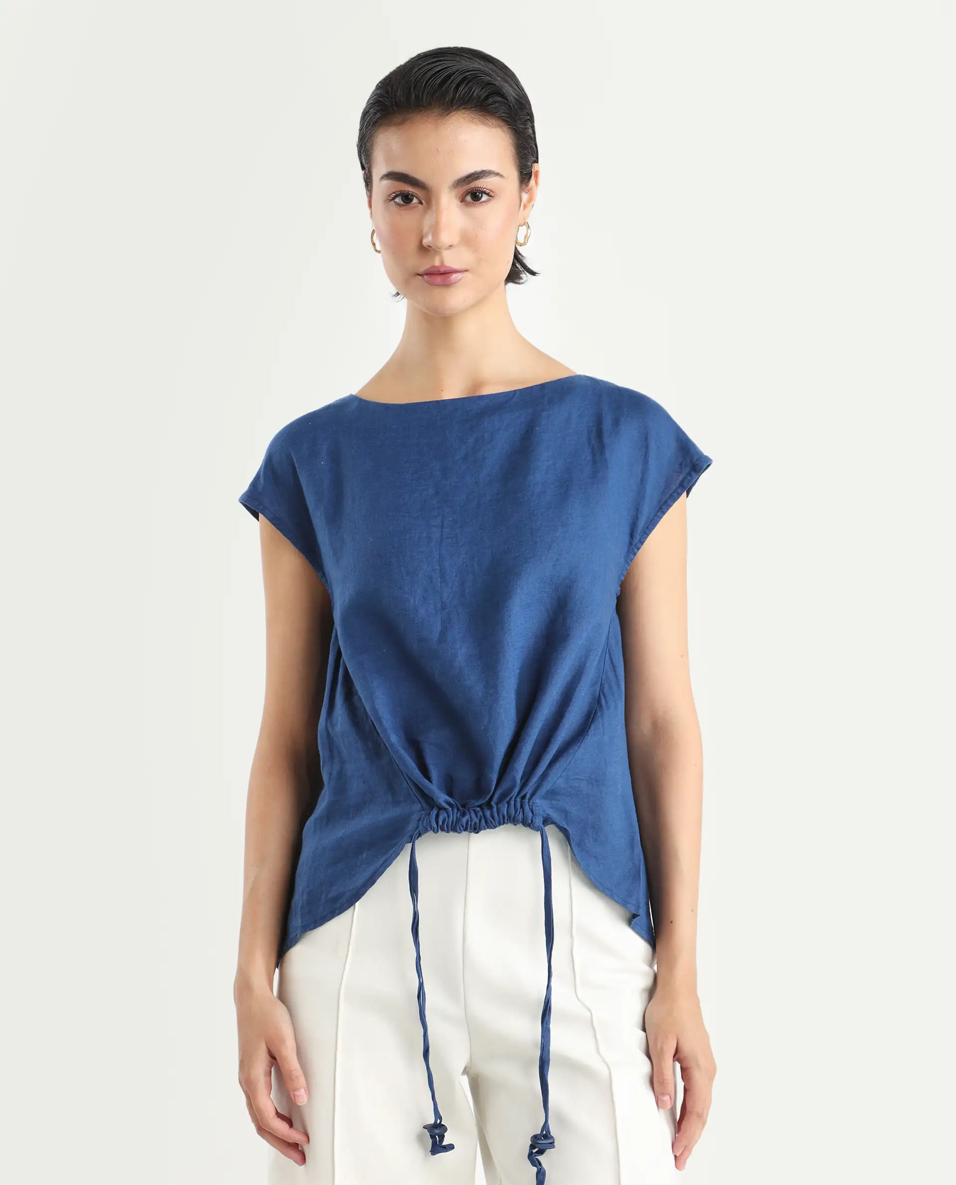 Rareism Women's Vita Blue Linen Boat Neck Plain Extended Sleeves Regular Fit Top - Image 3