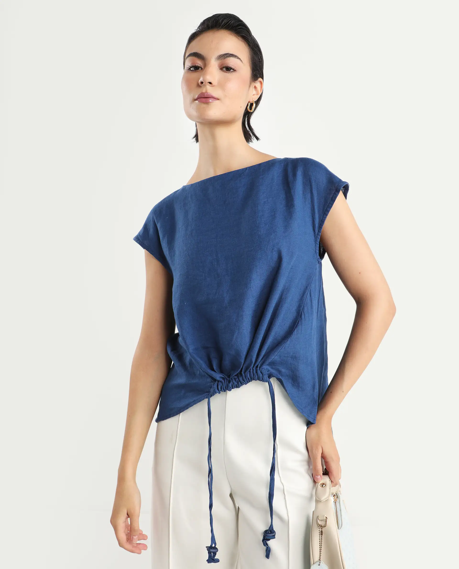 Rareism Women's Vita Blue Linen Boat Neck Plain Extended Sleeves Regular Fit Top - Image 4