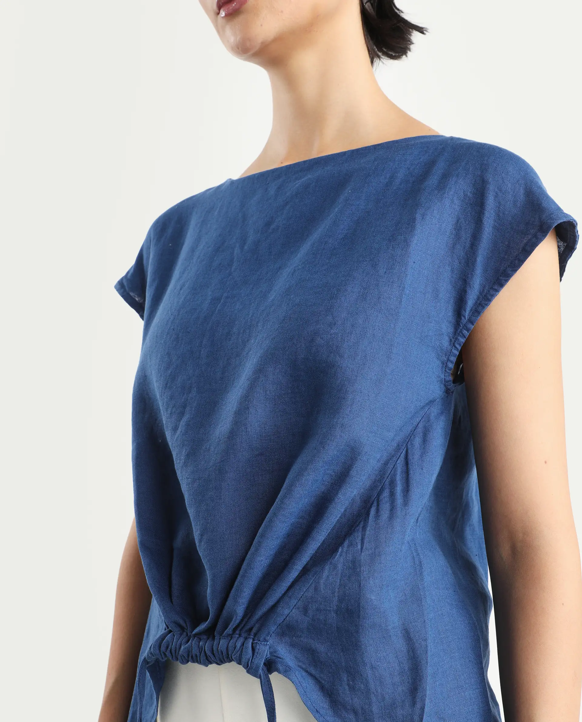 Rareism Women's Vita Blue Linen Boat Neck Plain Extended Sleeves Regular Fit Top - Image 5