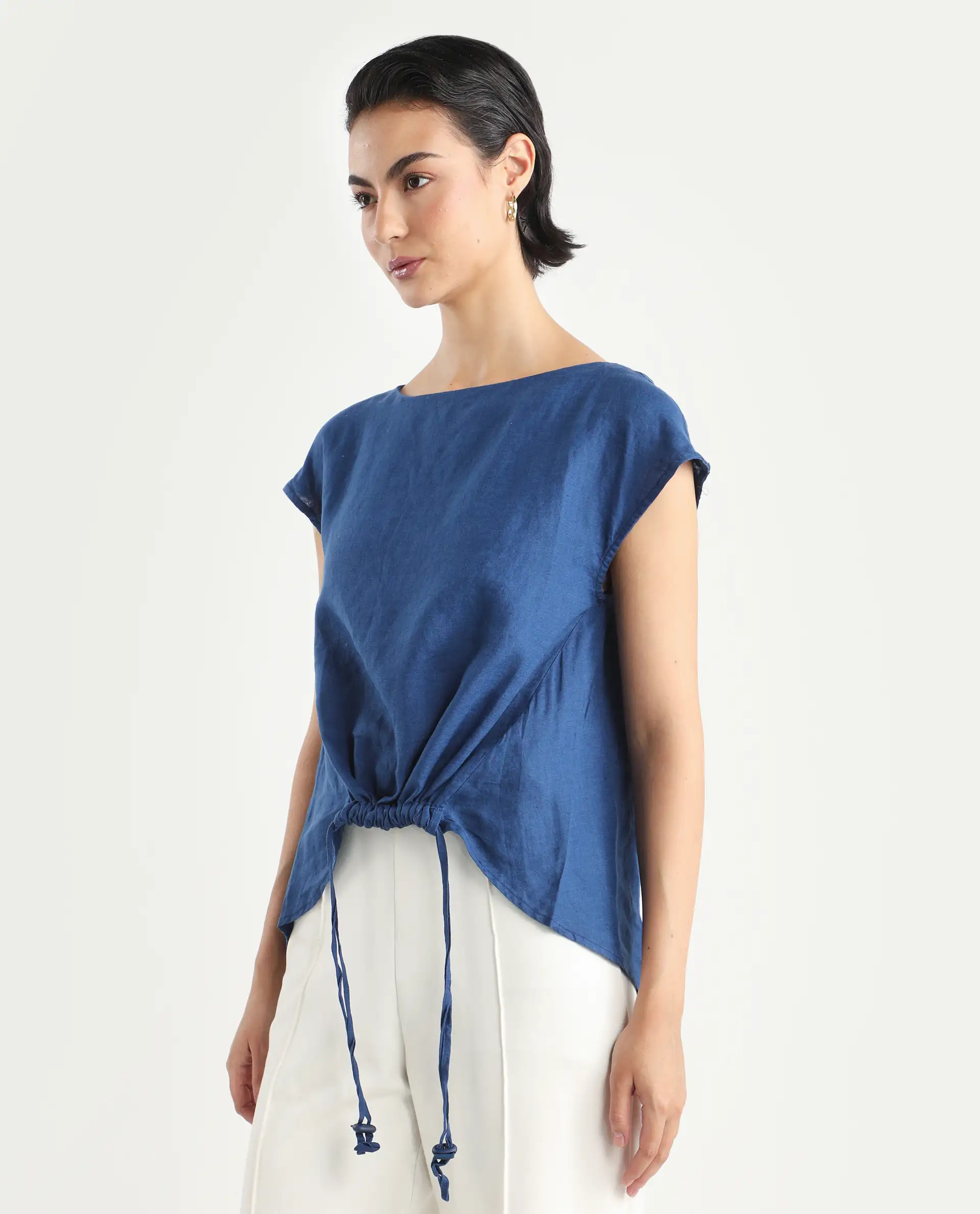 Rareism Women's Vita Blue Linen Boat Neck Plain Extended Sleeves Regular Fit Top - Image 6