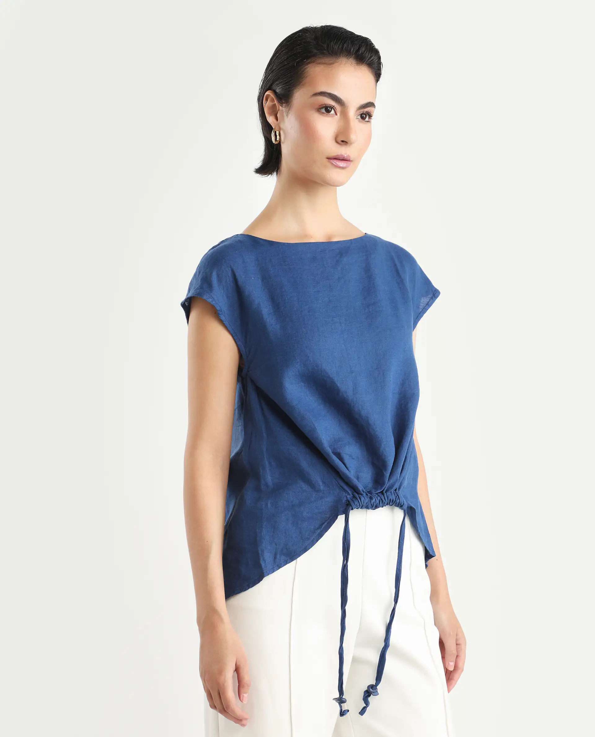 Rareism Women's Vita Blue Linen Boat Neck Plain Extended Sleeves Regular Fit Top - Image 7