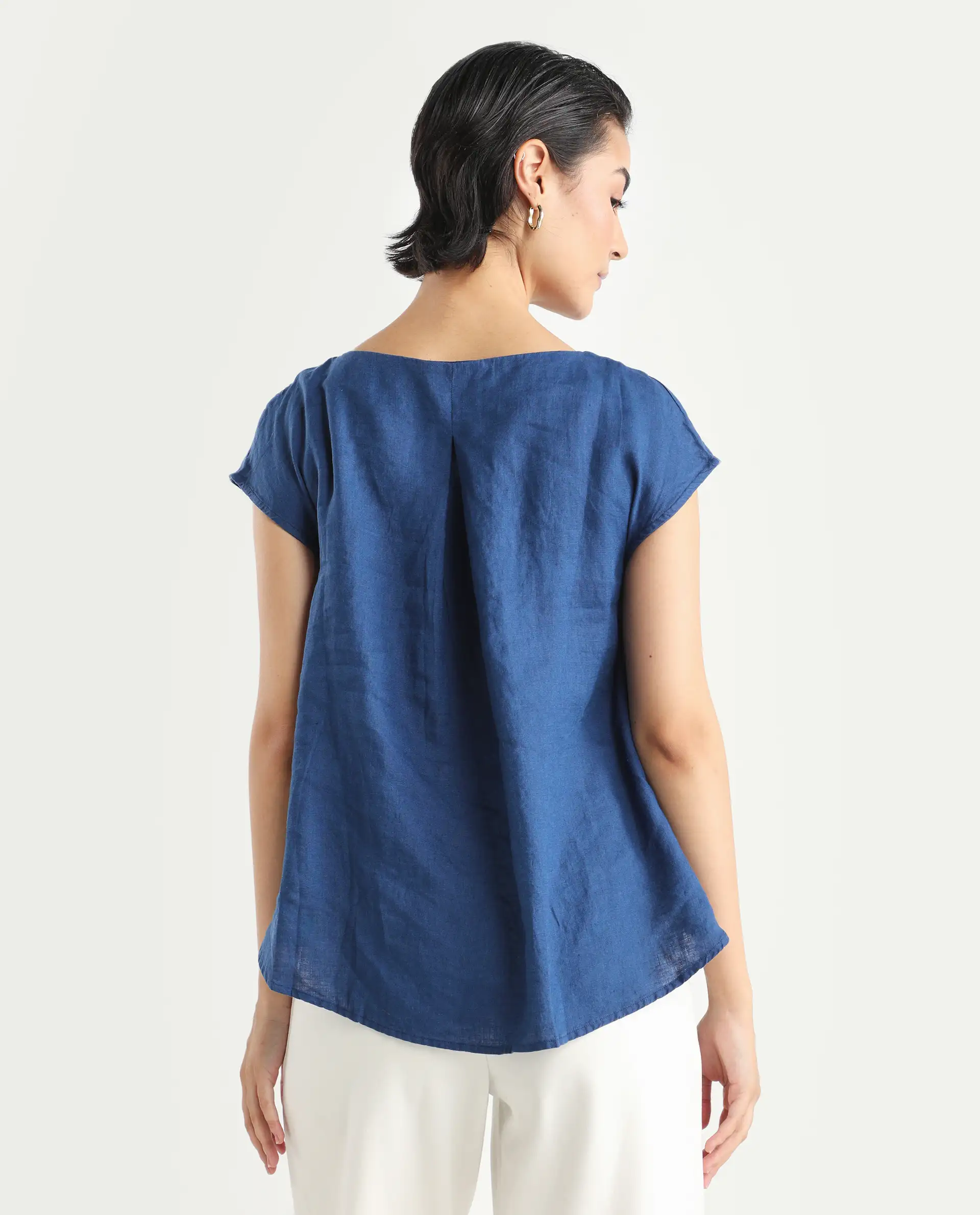Rareism Women's Vita Blue Linen Boat Neck Plain Extended Sleeves Regular Fit Top - Image 8