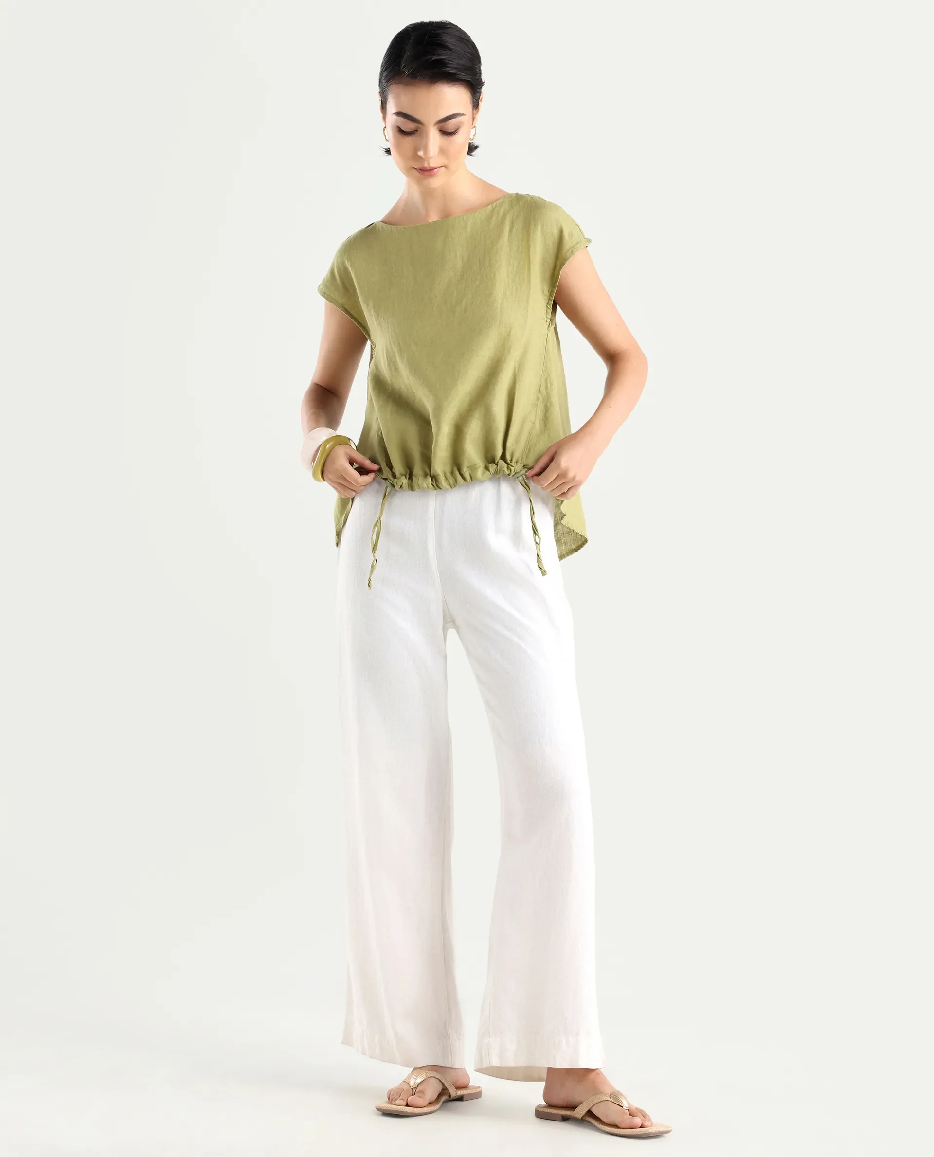 Rareism Women's Vita Green Linen Boat Neck Plain Extended Sleeves Regular Fit Top - Image 2