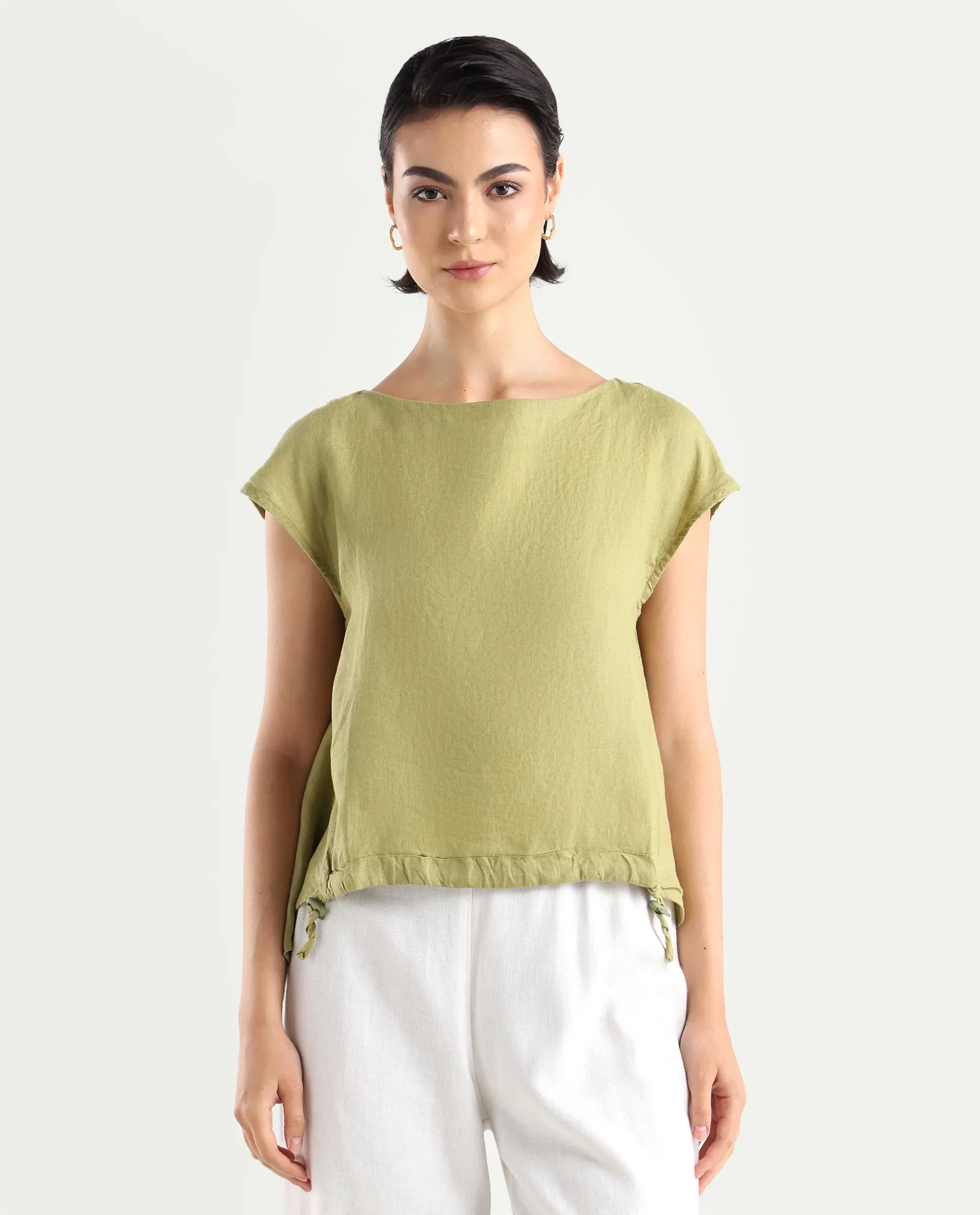 Rareism Women's Vita Green Linen Boat Neck Plain Extended Sleeves Regular Fit Top - Image 3