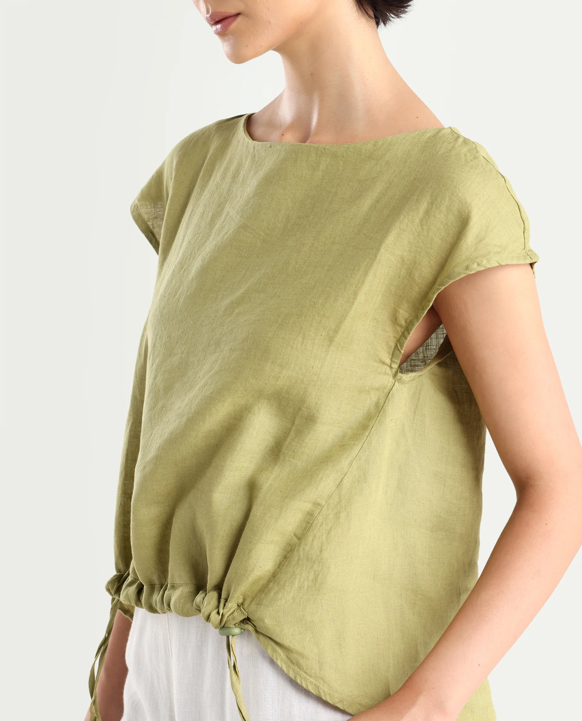 Rareism Women's Vita Green Linen Boat Neck Plain Extended Sleeves Regular Fit Top - Image 4