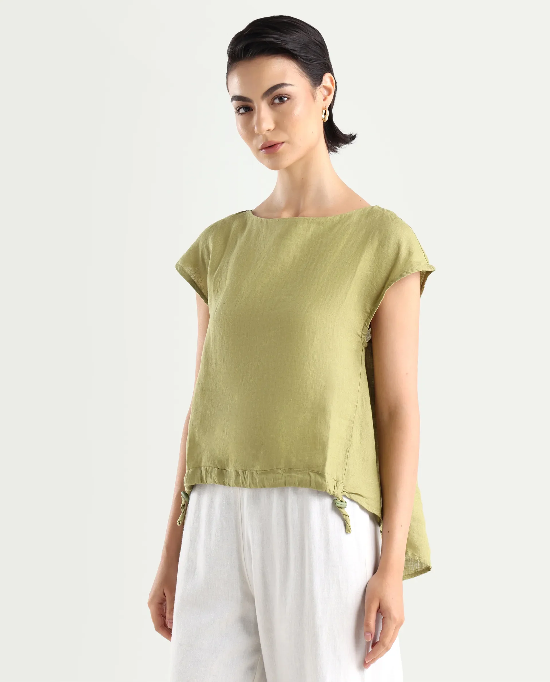 Rareism Women's Vita Green Linen Boat Neck Plain Extended Sleeves Regular Fit Top - Image 5